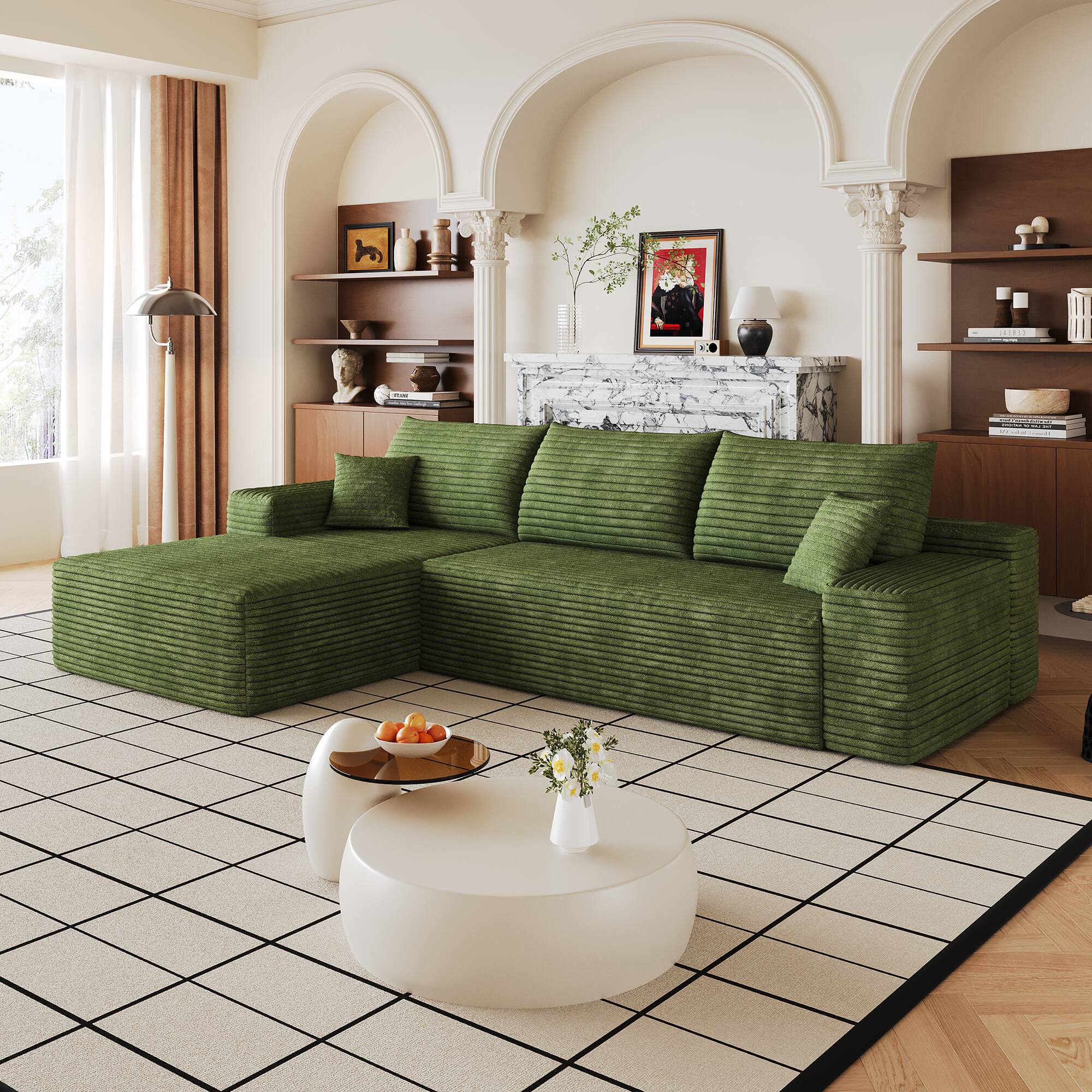Front. Whisen - 107" Modular Sectional Sofa with L-Shape Chaise, 3-Seat Plush Corduroy Couch for Living Room, No Assembly - Green.