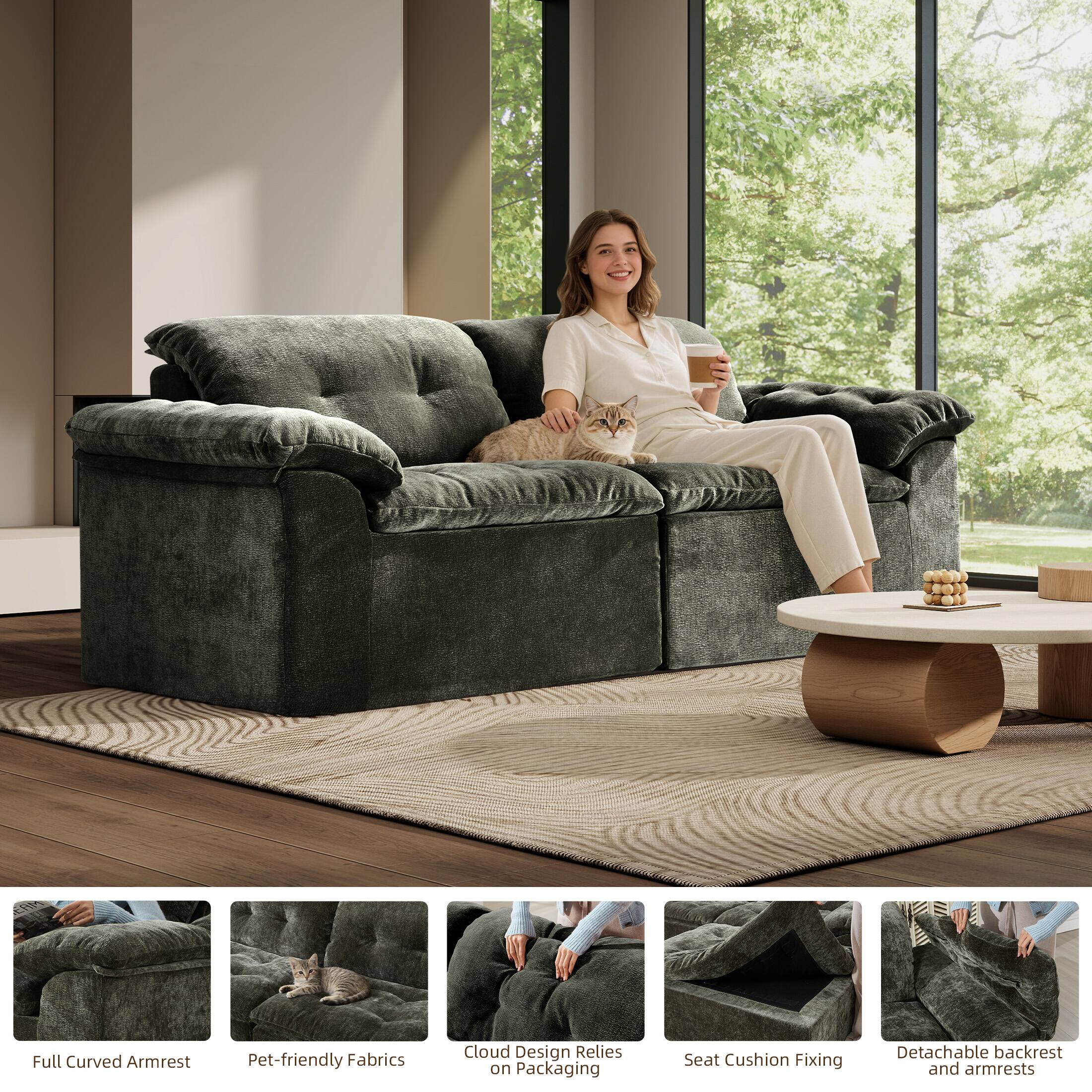 - Full Curved Armrest
- Pet-friendly Fabrics
- Cloud Design Relies on Packaging
- Seat Cushion Fixing
- Detachable backrest and armrests