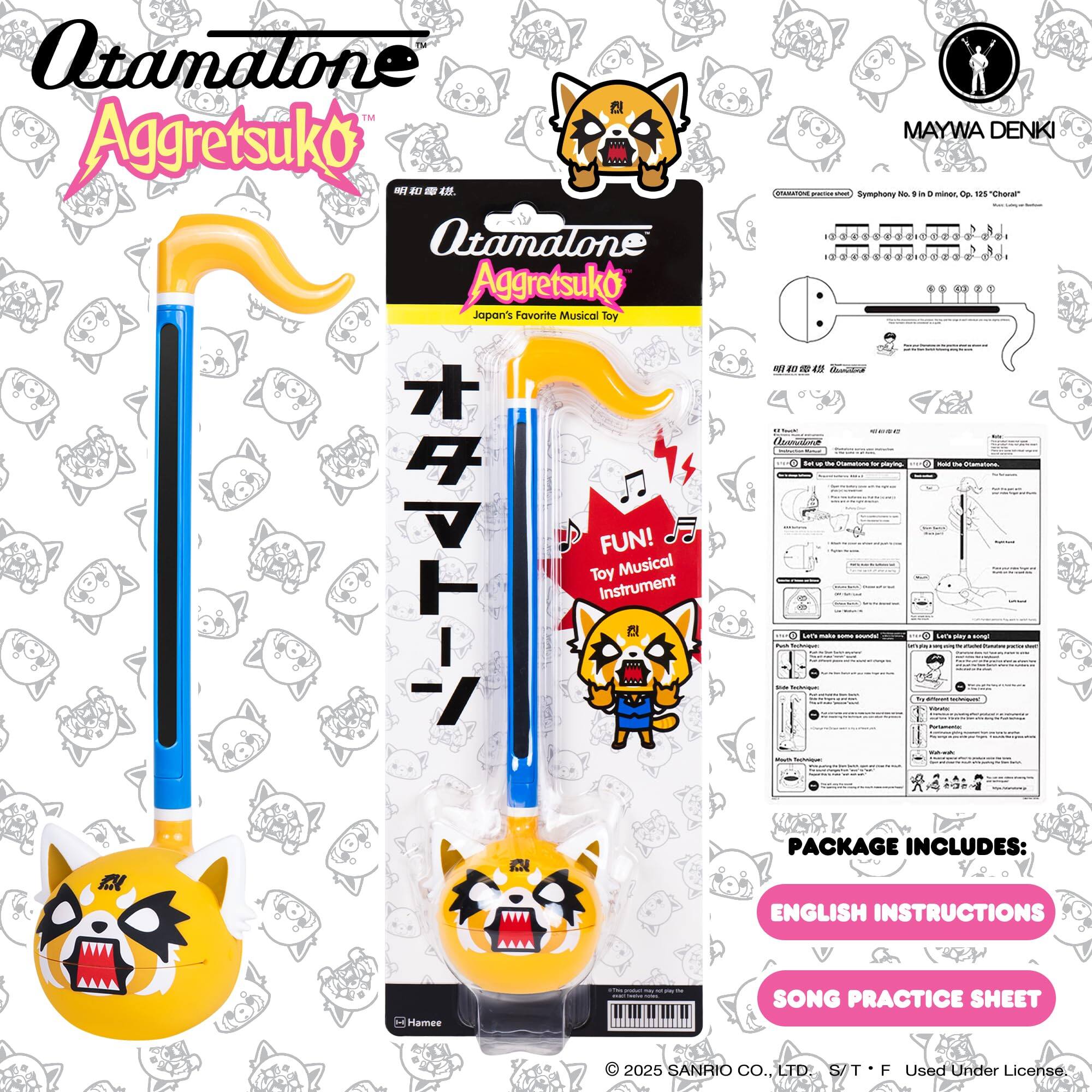 Otamatone Aggretsuko  
Japan's Favorite Musical Toy  
FUN! Toy Musical Instrument  

PACKAGE INCLUDES:  
ENGLISH INSTRUCTIONS  
SONG PRACTICE SHEET  

© 2025 SANRIO CO., LTD. S/T/F Used Under License.