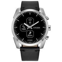Citizen - CZ Smart Unisex Hybrid 42.5mm Stainless Steel Smartwatch with Black Leather Strap - Silver - Front_Zoom