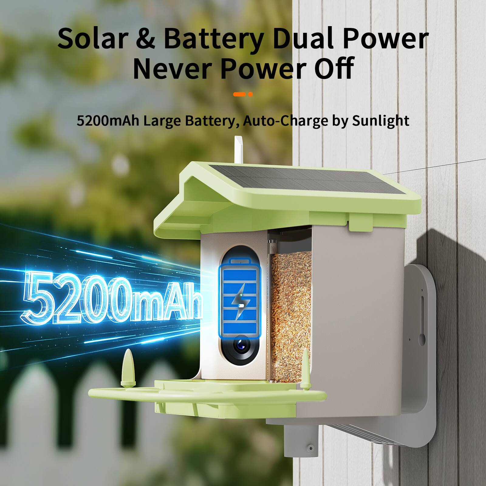 Solar & Battery Dual Power Never Power Off

5200mAh Large Battery, Auto-Charge by Sunlight

5200mAh