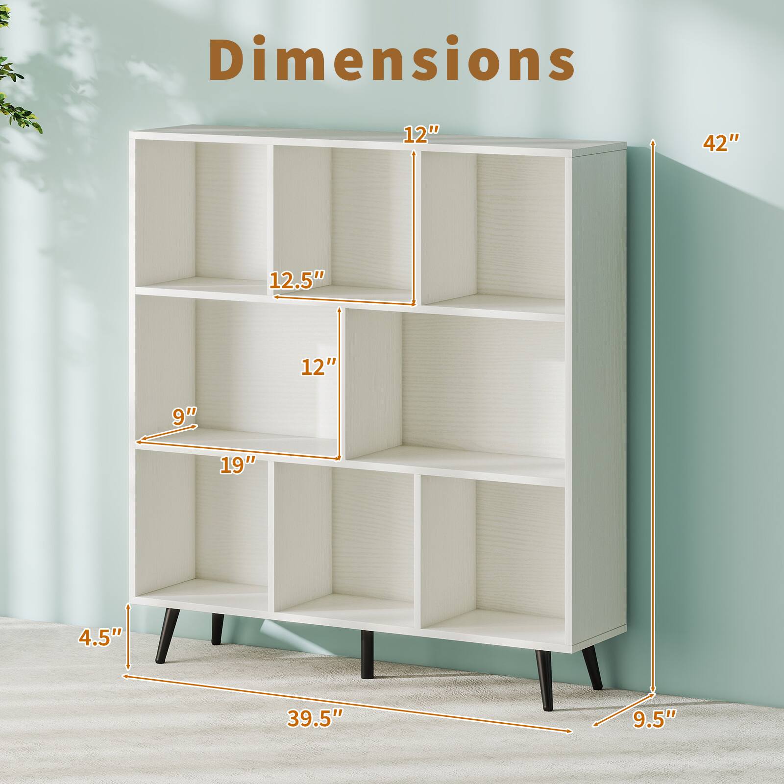 Dimensions: 42" (height), 39.5" (depth), 19" (width), 12.5" (shelf height), 12" (shelf width), 9" (shelf depth), 4.5" (base width), 9.5" (leg height)