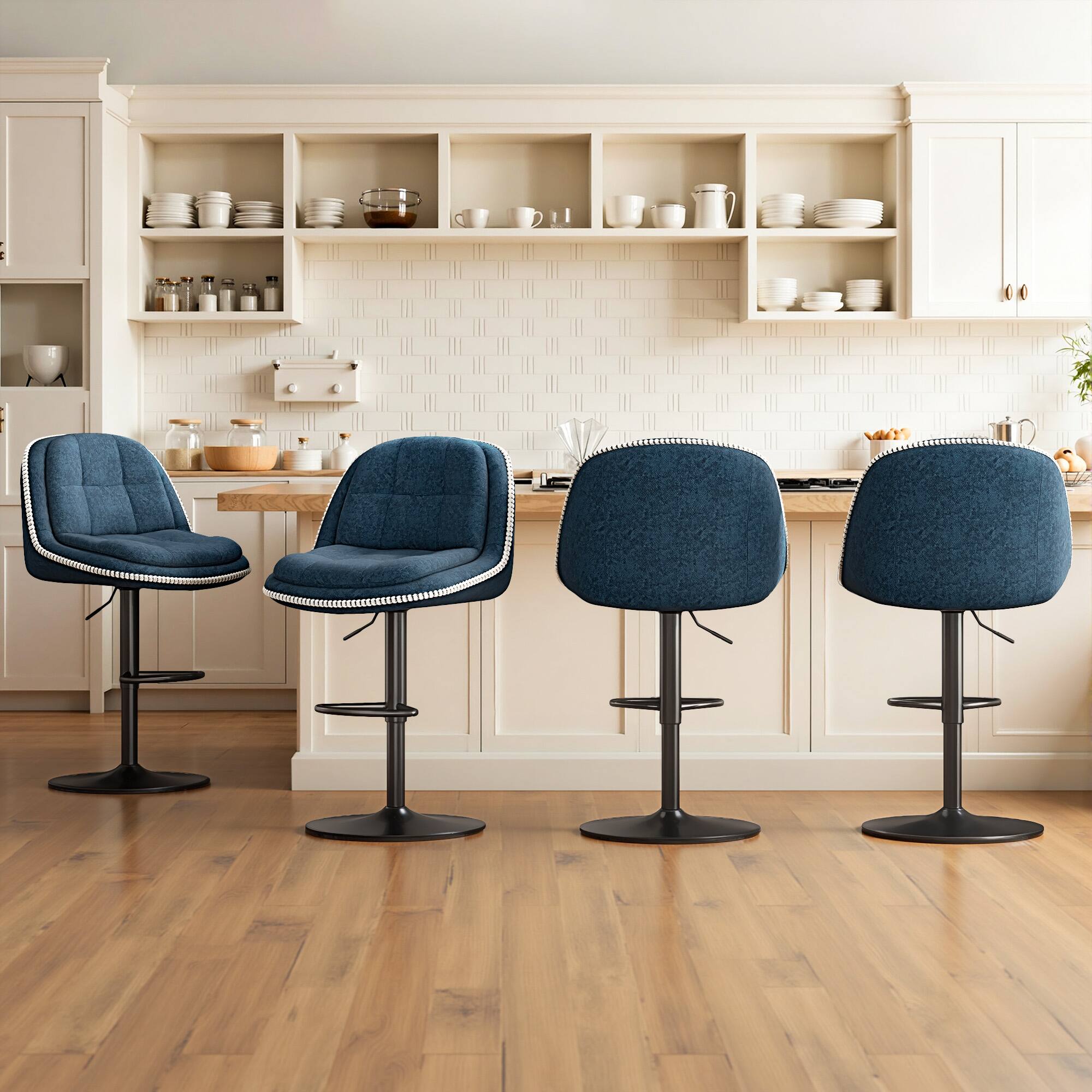 Brick Attic - 26"-34" Adjustable Height Swivel Bar Stool, 360° Rotating Upholstered Stool with Dual-Layer Cushion, 4-piece set - Navy Blue