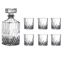 Kitcheniva - 25 oz Vintage Style Glass Whiskey Decanter Set with Stopper - Includes 6 Glasses (7.4 oz) - Clear