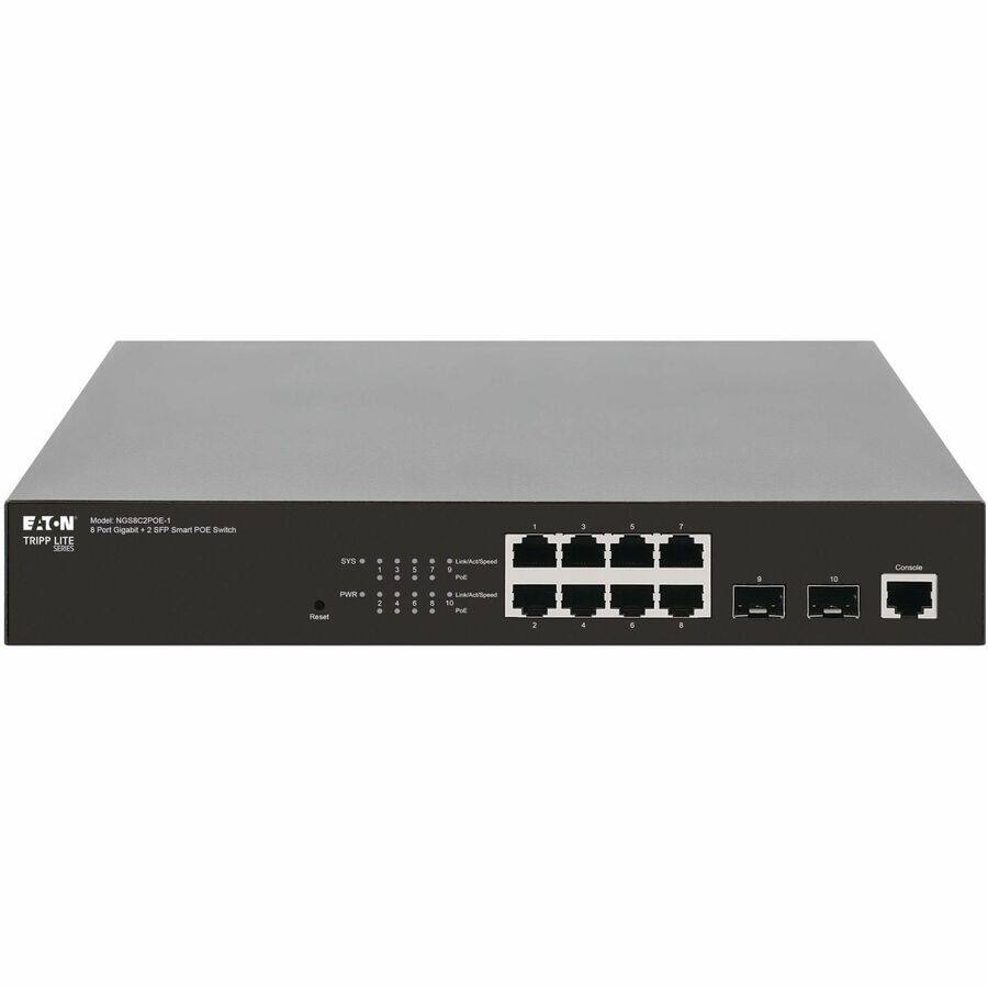 E-T-N  
TRIPP LITE  

Model: NGS32C2POE1  
8 Port Gigabit + 2 SFP Smart POE Switch  

SYS  
PWR  

Link/Act/Spe  
PWR  

Link/Act/Spe  
PWR  

Console  

1 2 3 4 5 6 7 8 9 10