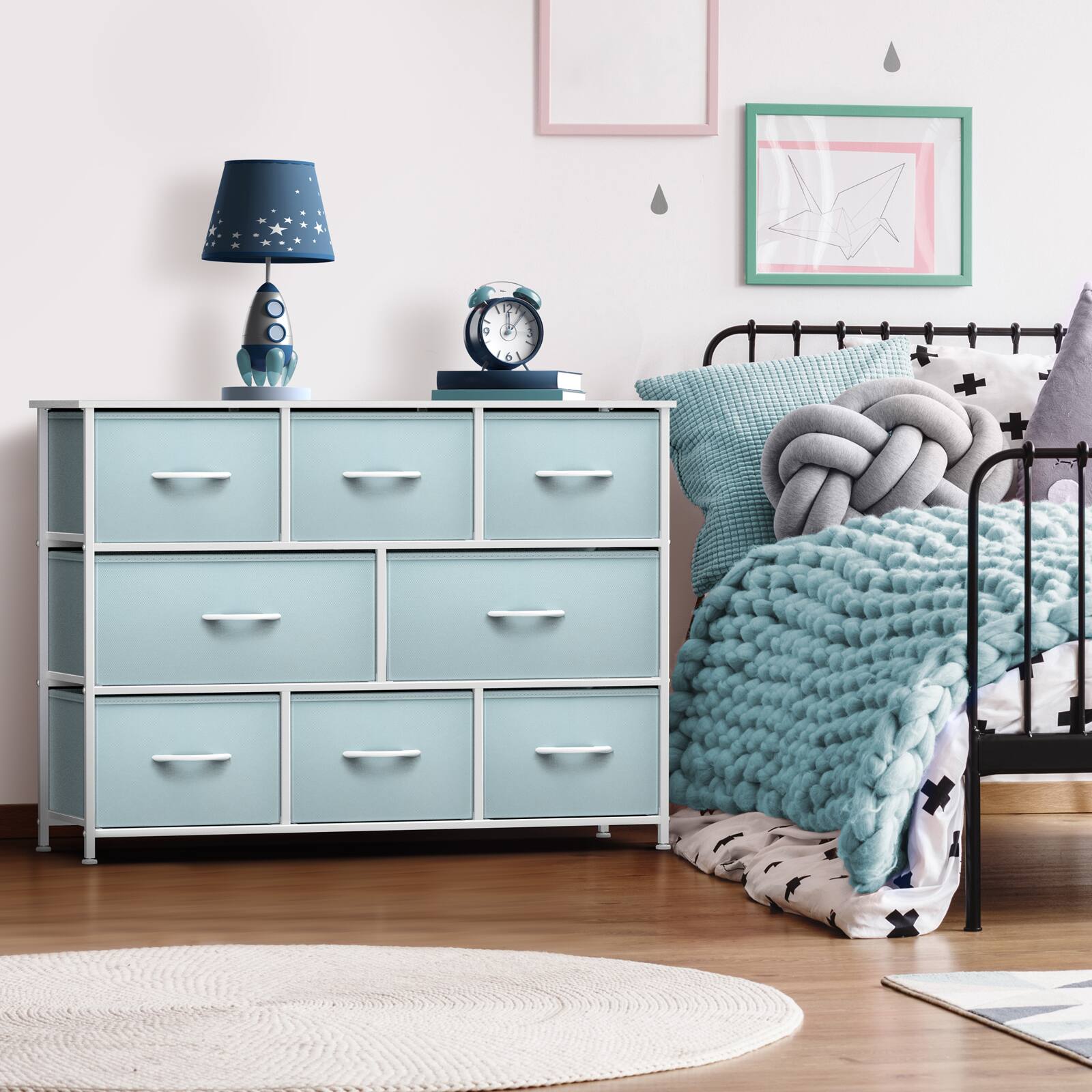 Angle. Sorbus - Sorbus 8 Drawers Wide Dresser - Organizer Unit with Steel Frame, Wood Top, and Handle, and Fabric Bins - Aqua.