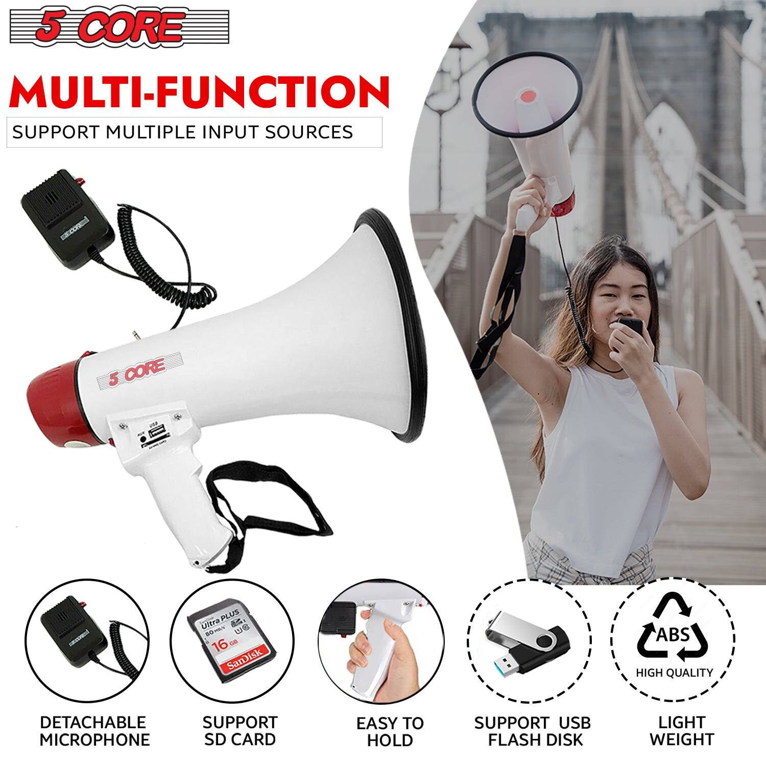5 CORE  
MULTI-FUNCTION  
SUPPORT MULTIPLE INPUT SOURCES  

- DETACHABLE MICROPHONE  
- SUPPORT SD CARD  
- EASY TO HOLD  
- SUPPORT USB FLASH DISK  
- HIGH QUALITY ABS  
- LIGHT WEIGHT