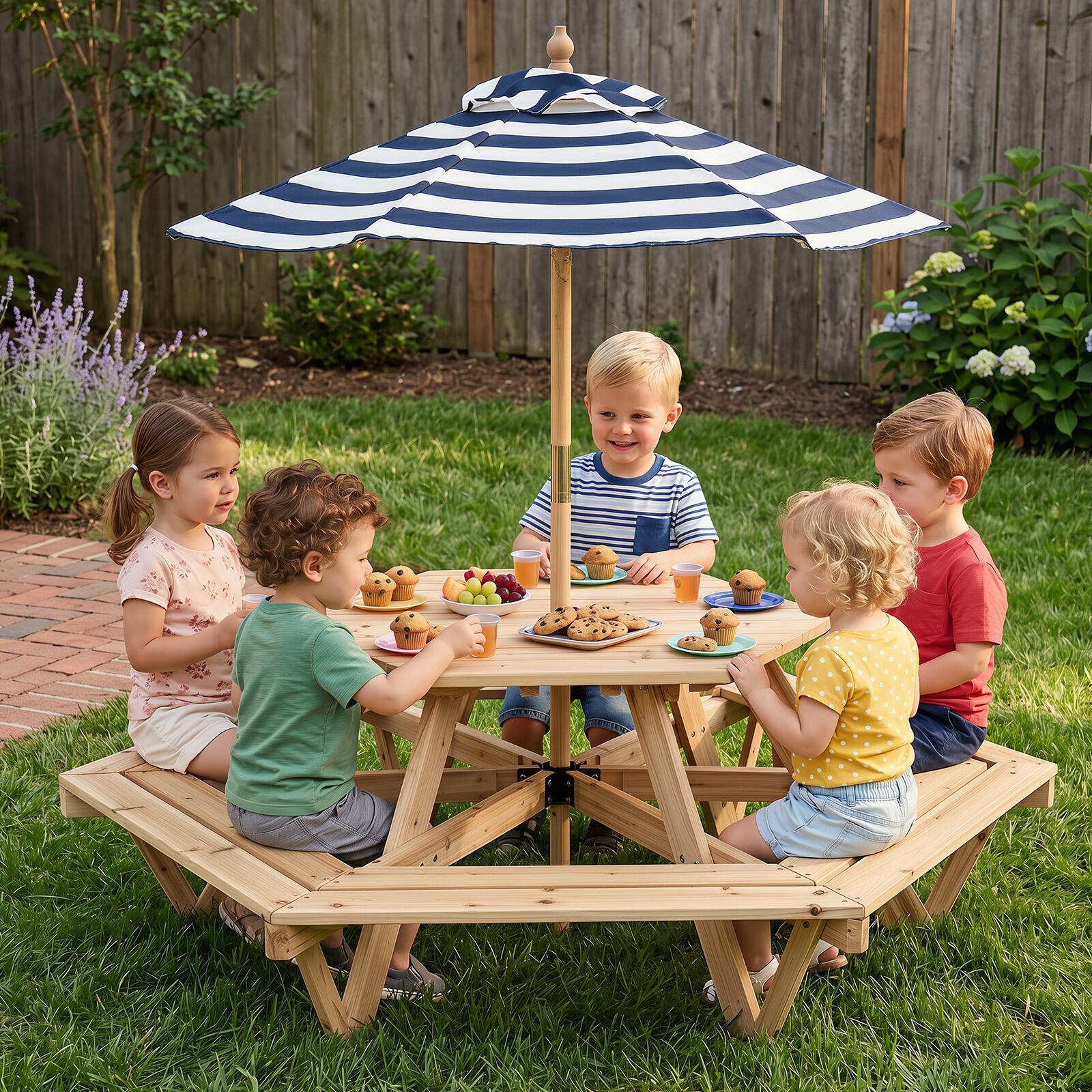 Alt View 1. Costway - Costway Kids Hexagonal Picnic Table with Removable Adjustable Umbrella for Deck Patio - Natural.