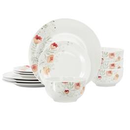 Elama - Poppy 12 Piece Porcelain Dinnerware Set, Service for 4 - White and Orange