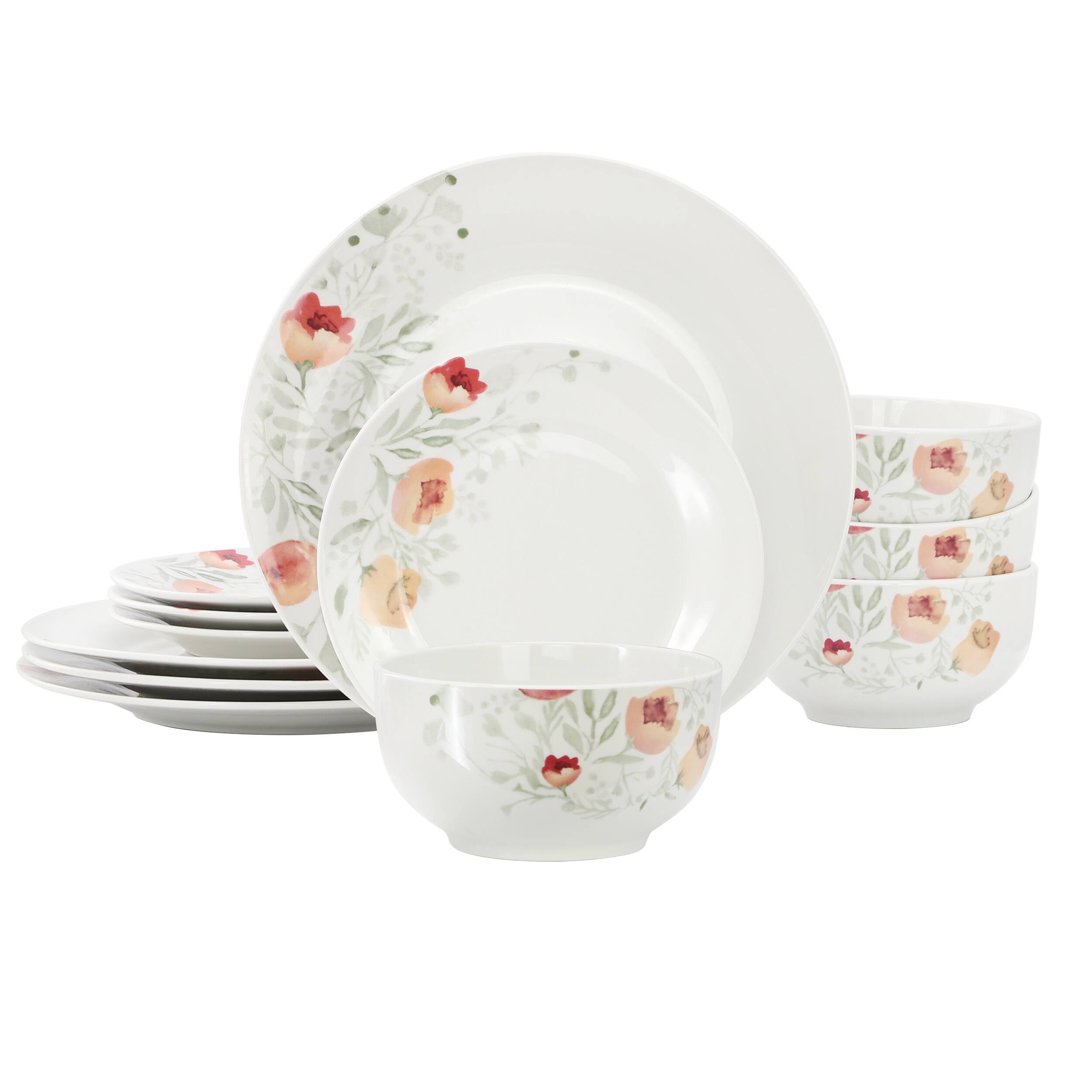 Front. Elama - Elama Poppy 12 Piece Porcelain Dinnerware Set, Service for 4 - White and Orange.
