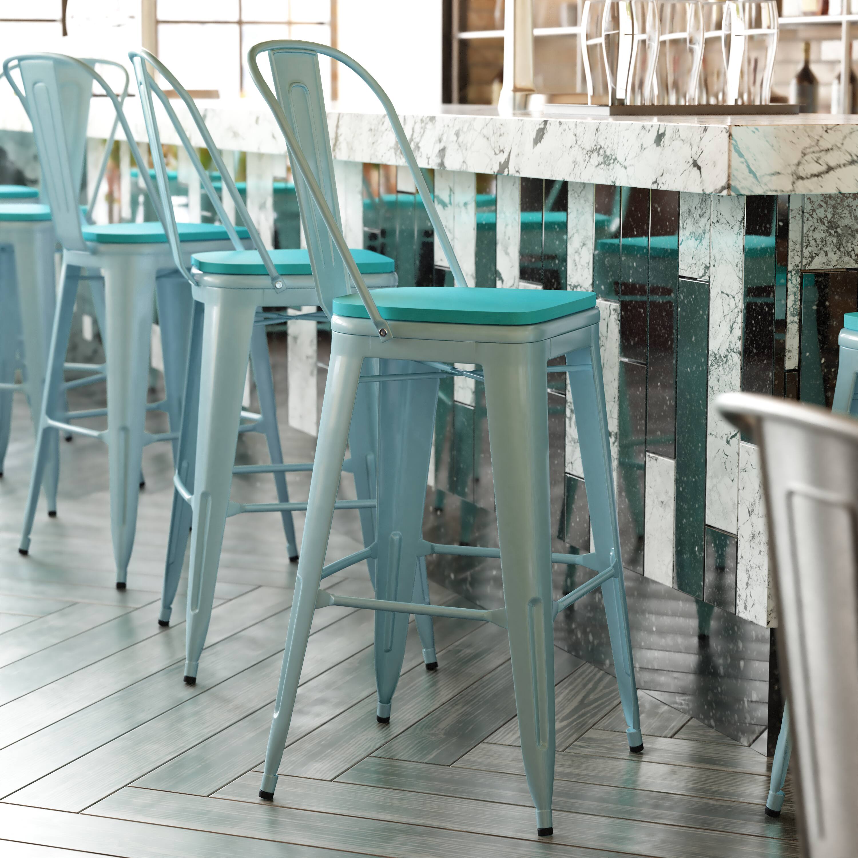 Emma + Oliver Nova Distressed Metal Stools with Backs and Polystyrene ...