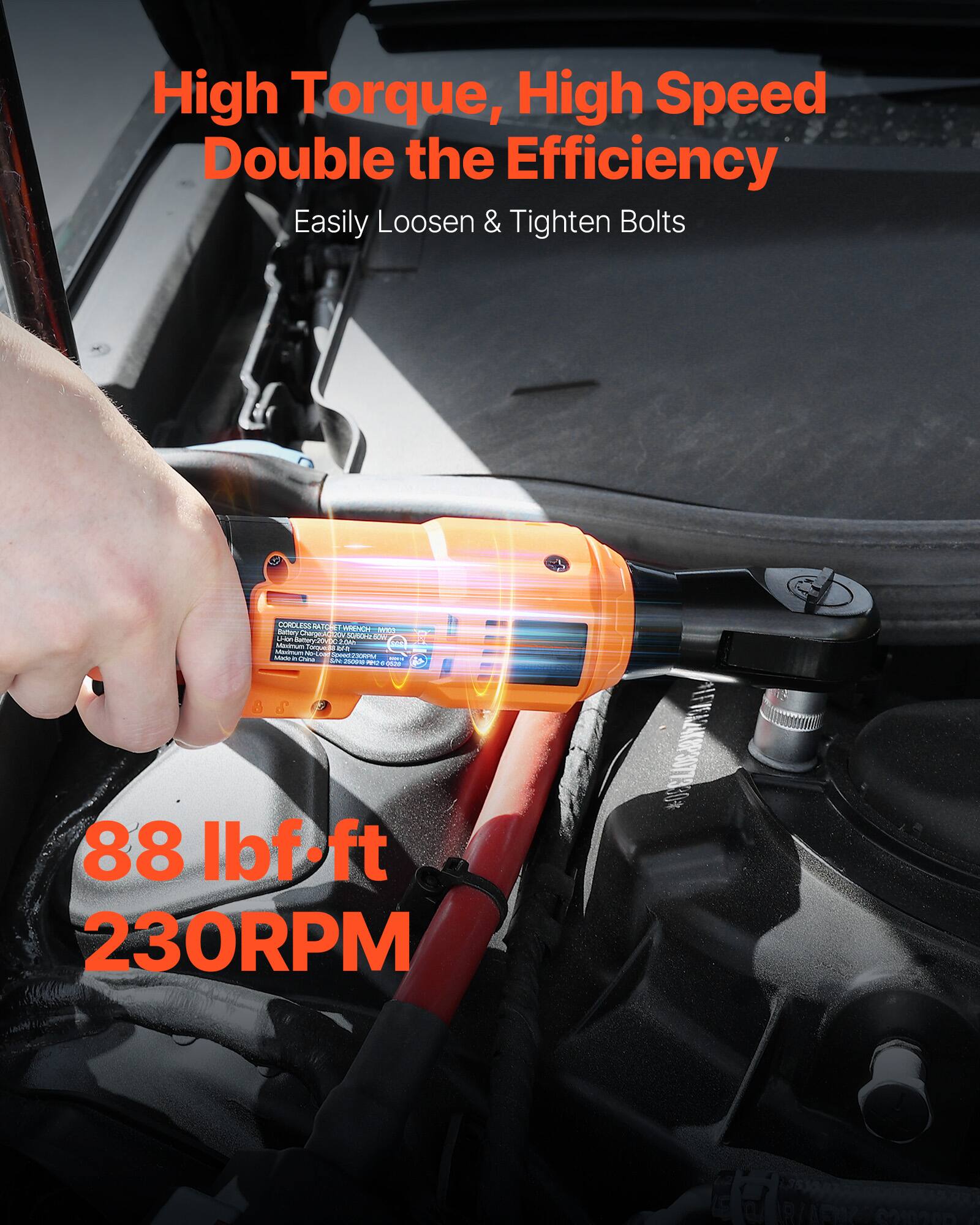 High Torque, High Speed  
Double the Efficiency  
Easily Loosen & Tighten Bolts  

88 lb-ft  
230 RPM