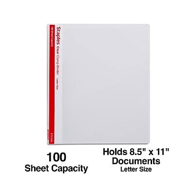 Staples Clear Clamp Binder  
Letter Size  
100 Sheet Capacity  
Holds 8.5" x 11" Documents