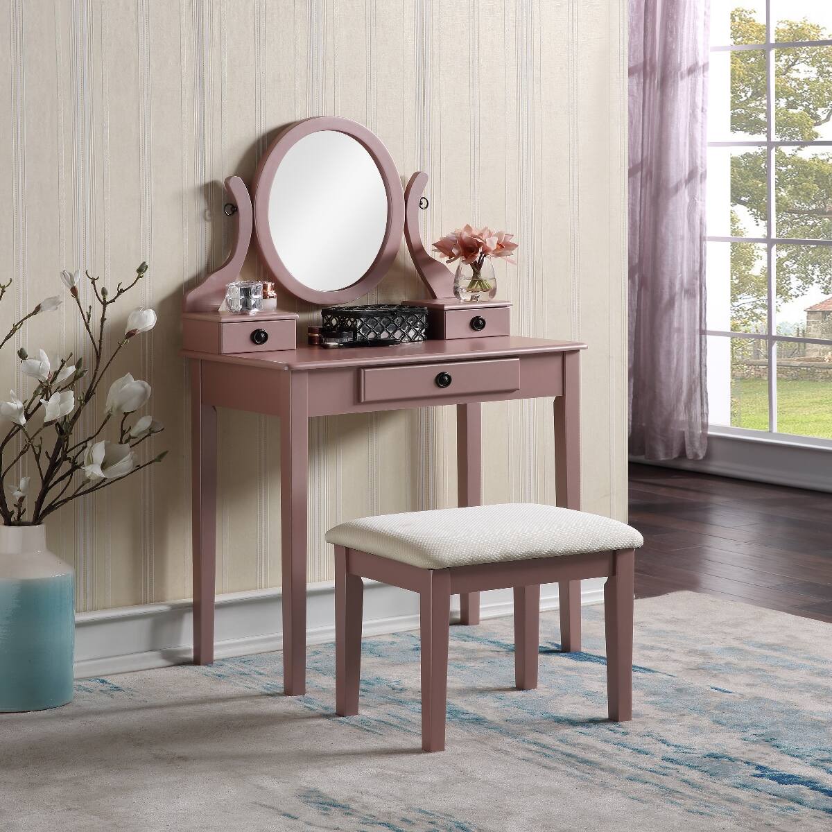 Loheer Wood Makeup Vanity Table with Stool, Adjustable Oval Mirror, 3 ...