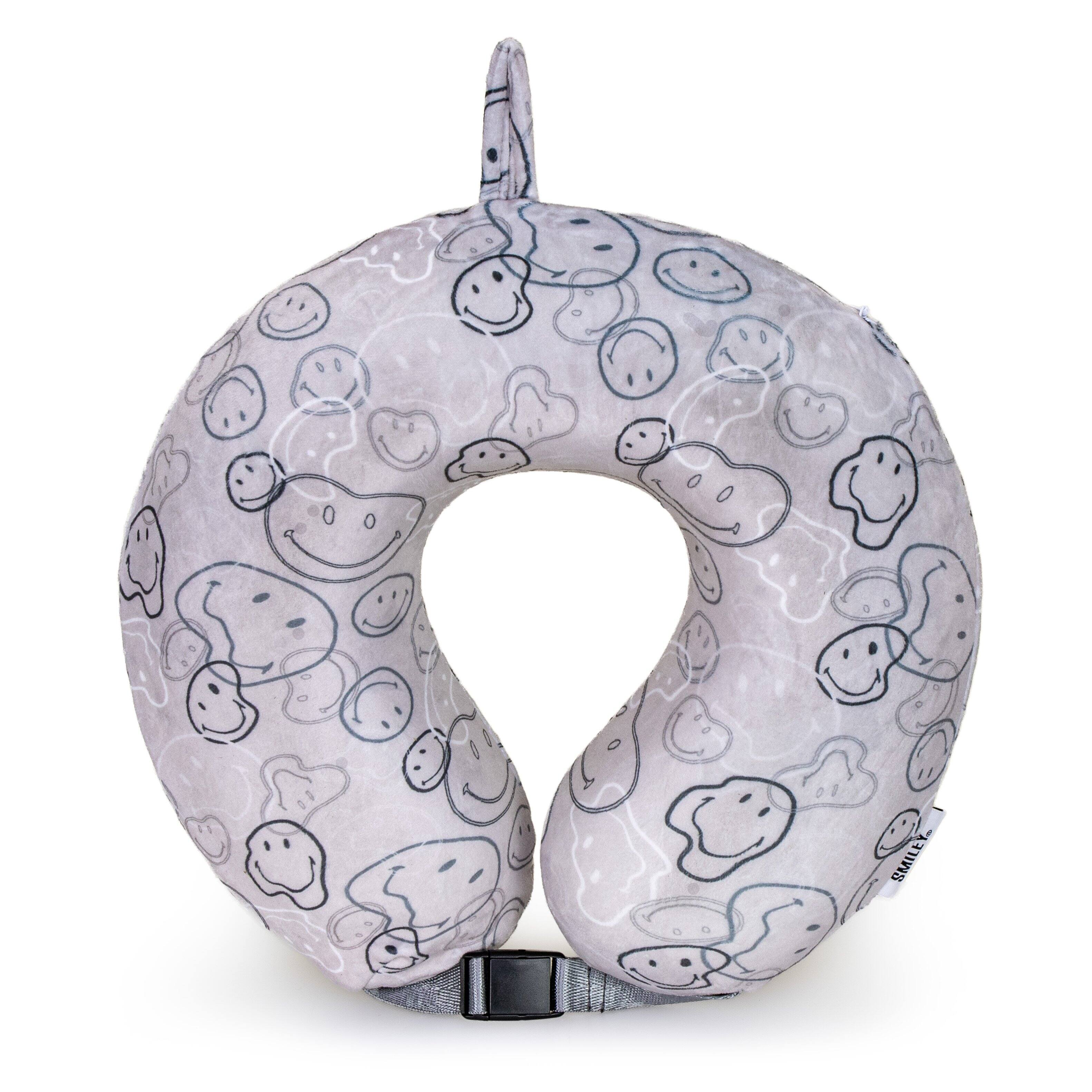 Front. Smiley World - SMILEY Grey Melted Smiles Marshmallow Memory Foam Travel Pillow - Grey.