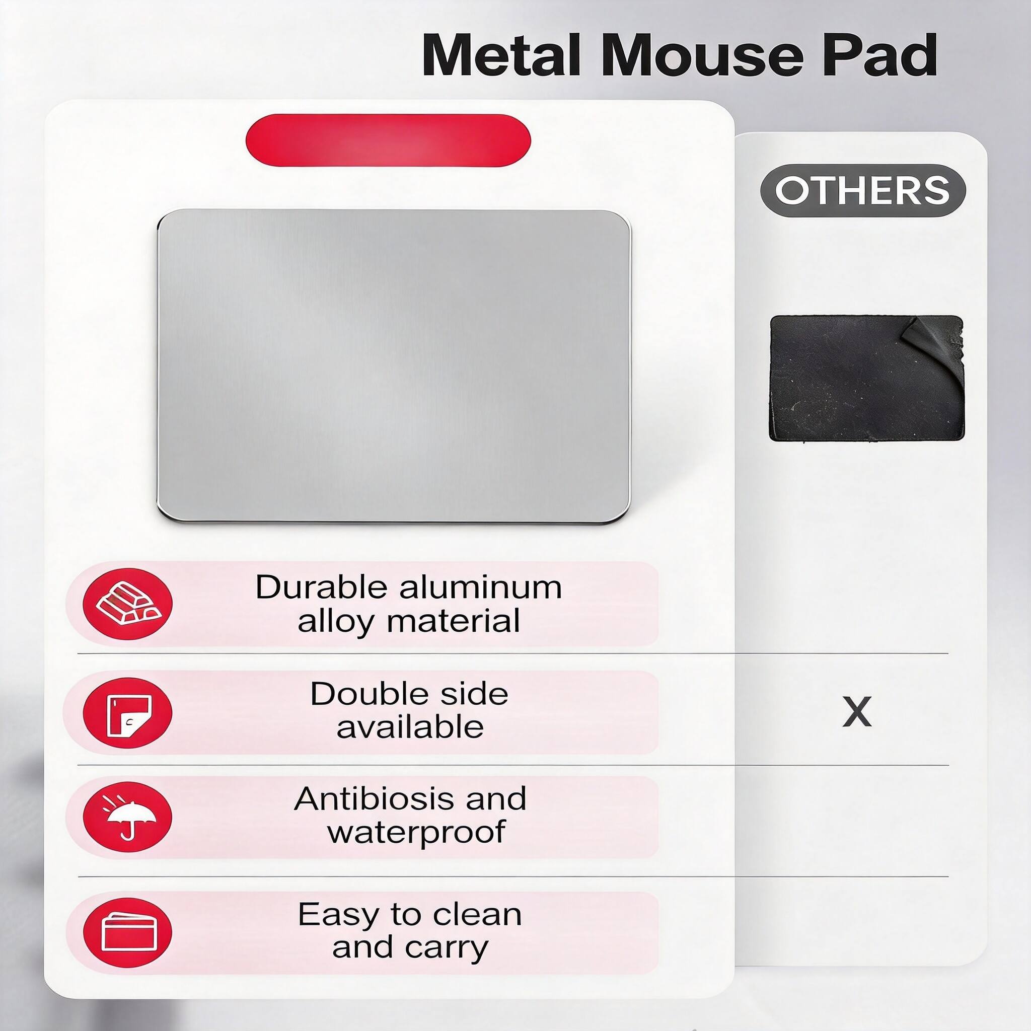 Metal Mouse Pad

- Durable aluminum alloy material
- Double side available
- Antibiosis and waterproof
- Easy to clean and carry