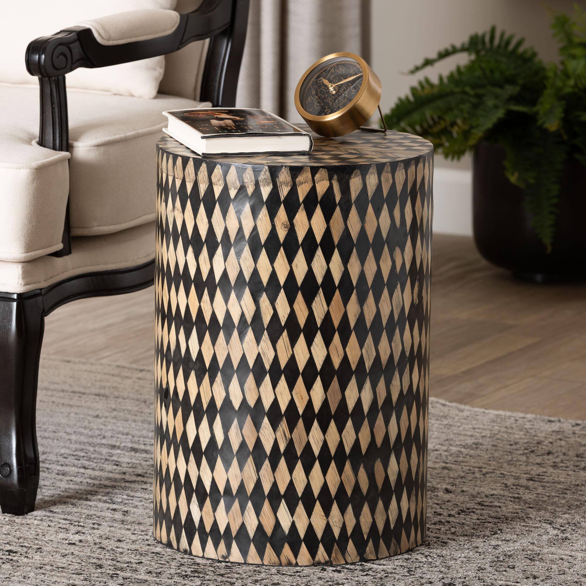Alt View 2. bali & pari - bali & pari Paulo Decorative End Table with Bamboo Diamond Pattern - Modern Accent Side Table, Round - Black/Brown.