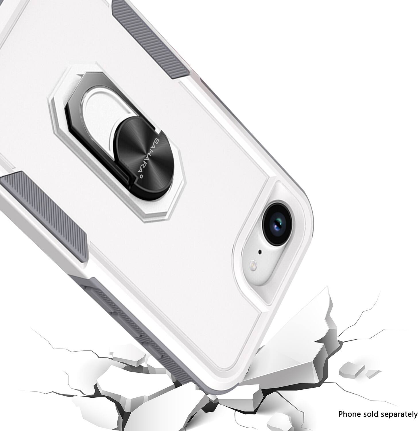 The image features a white cell phone case with a camera on the back. The case is designed to protect the phone and is sold separately. The phone itself is not visible in the image, but the case is prominently displayed.