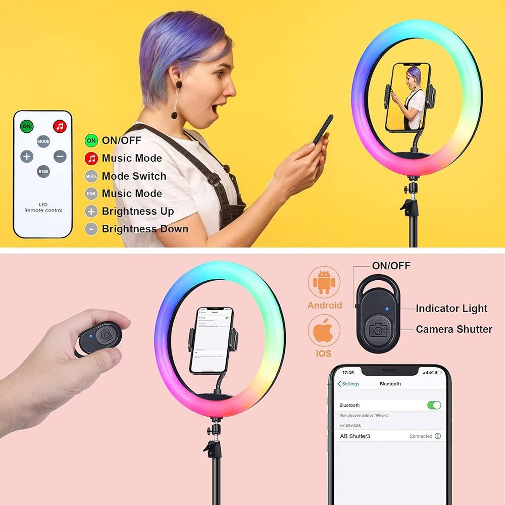 - ON/OFF
- Music Mode
- Mode Switch
- Music Mode
- Brightness Up
- Brightness Down

- ON
- MODE
- RGB
- LED Remote control

- Android Indicator Light
- Camera Shutter

- Bluetooth
- MY DEVICES
- AB Shutter3
- Connected