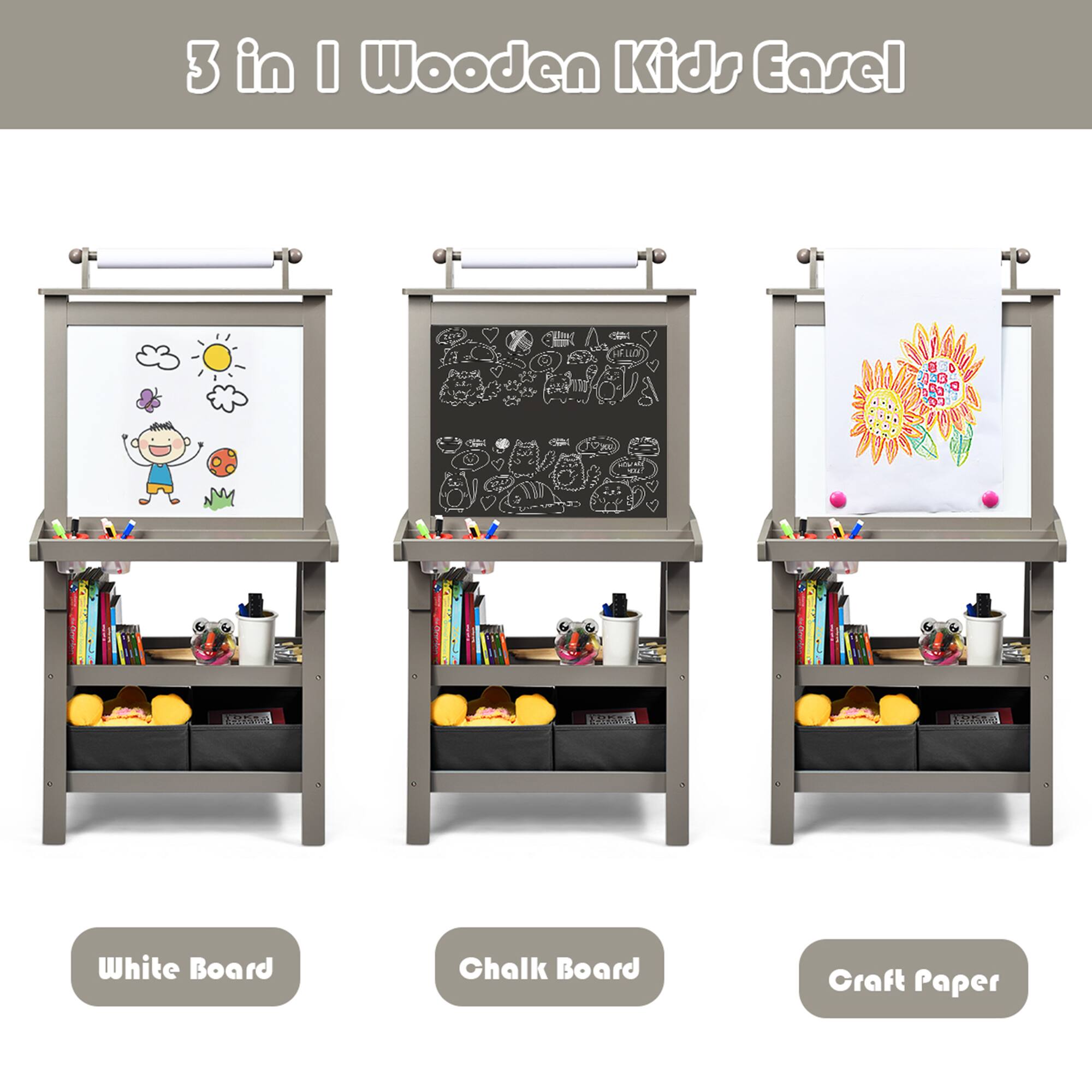 3 in 1 Wooden Kids Easel

- White Board
- Chalk Board
- Craft Paper