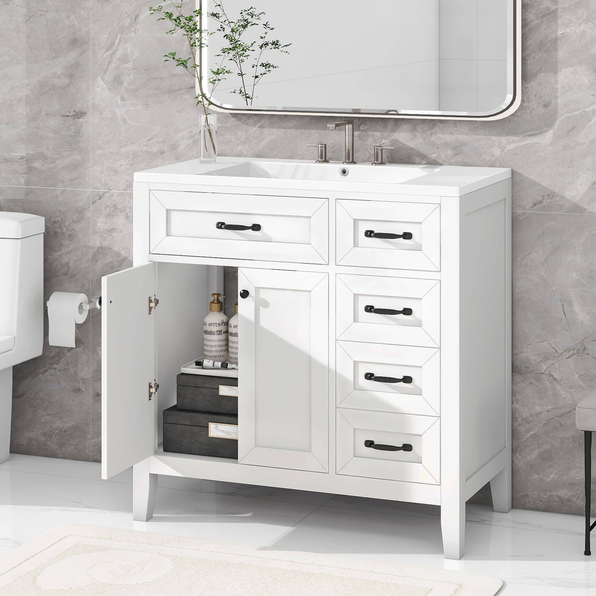 Mirfee - 36" Bathroom Vanity with Sink Combo, Black Cabinet, Drawers, Solid Frame MDF - White