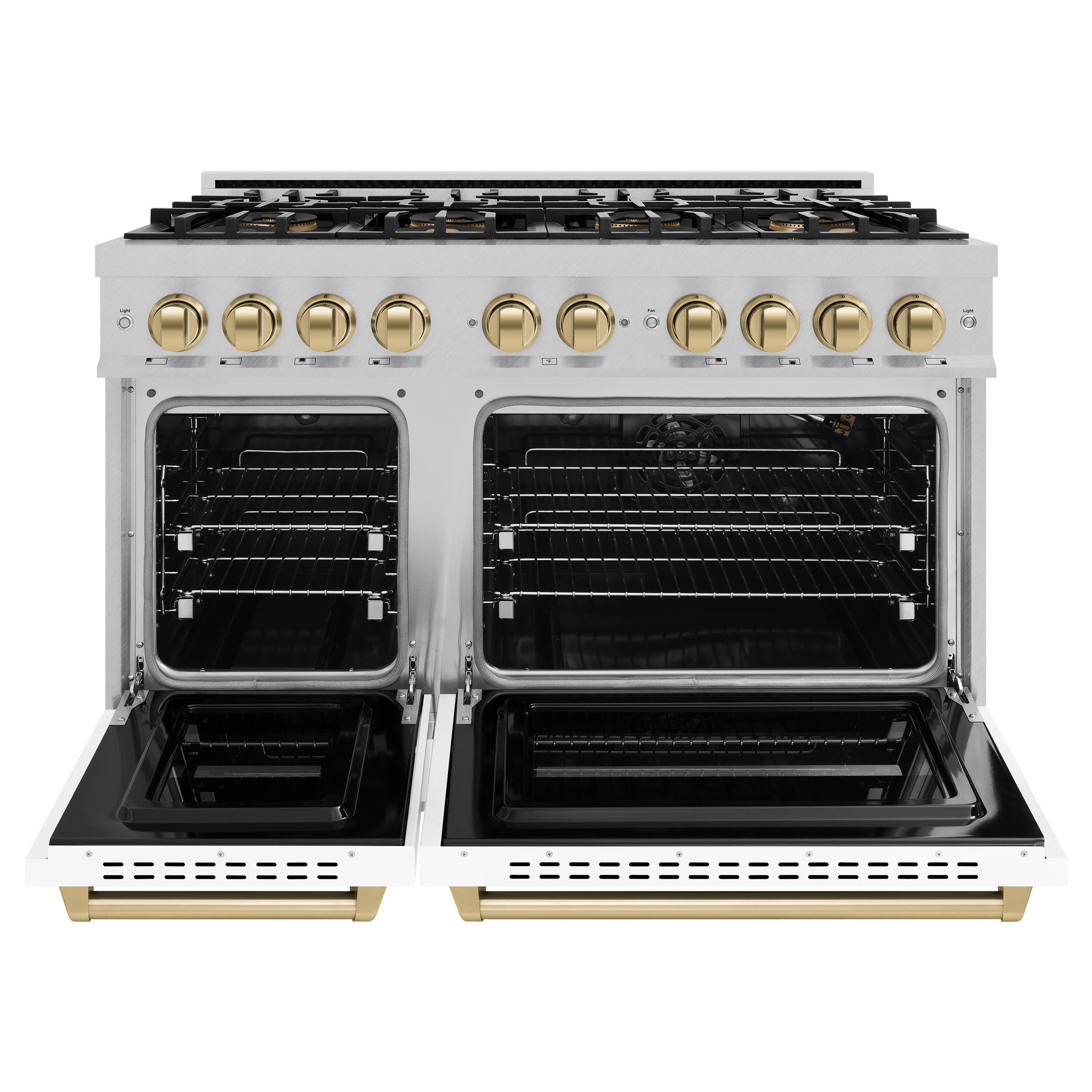Angle. ZLINE - Autograph 48 in. 6.7 cu. ft. Classic Freestanding DuoPro Gas Range in Satin Steel with White Doors & Bronze Accents - White Matte.