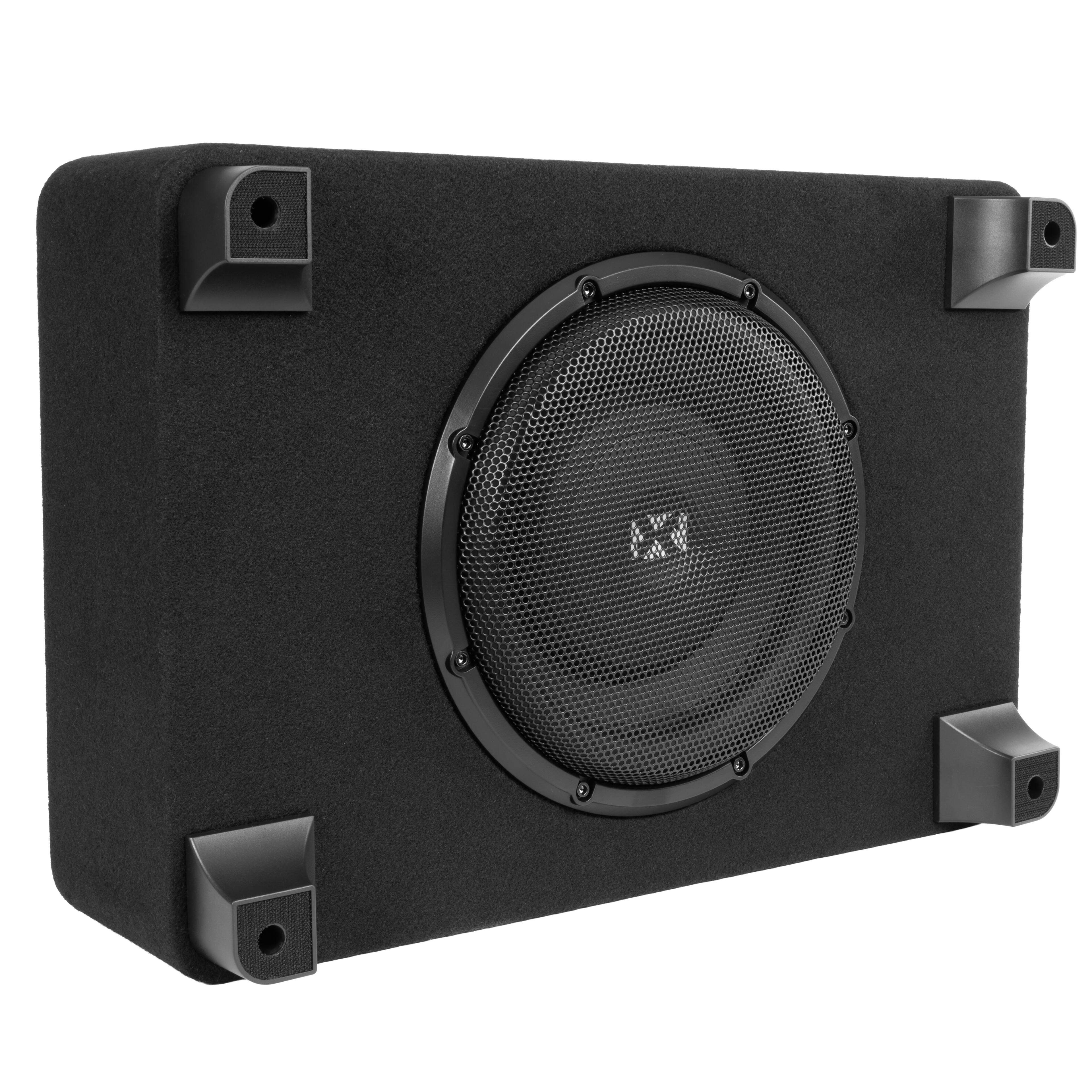 Alt View 2. NVX - BXSQ110 1200W Peak (600W RMS) Sealed 2-Ohm Loaded Enclosure with Single 10in SQ-Series Shallow-Mount Subwoofer.