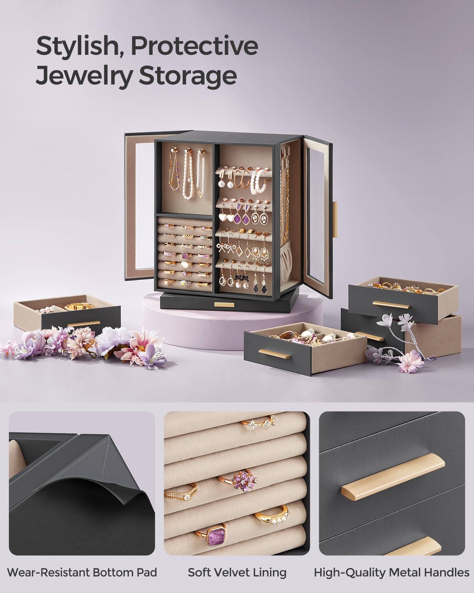 Stylish, Protective Jewelry Storage

Wear-Resistant Bottom Pad

Soft Velvet Lining

High-Quality Metal Handles