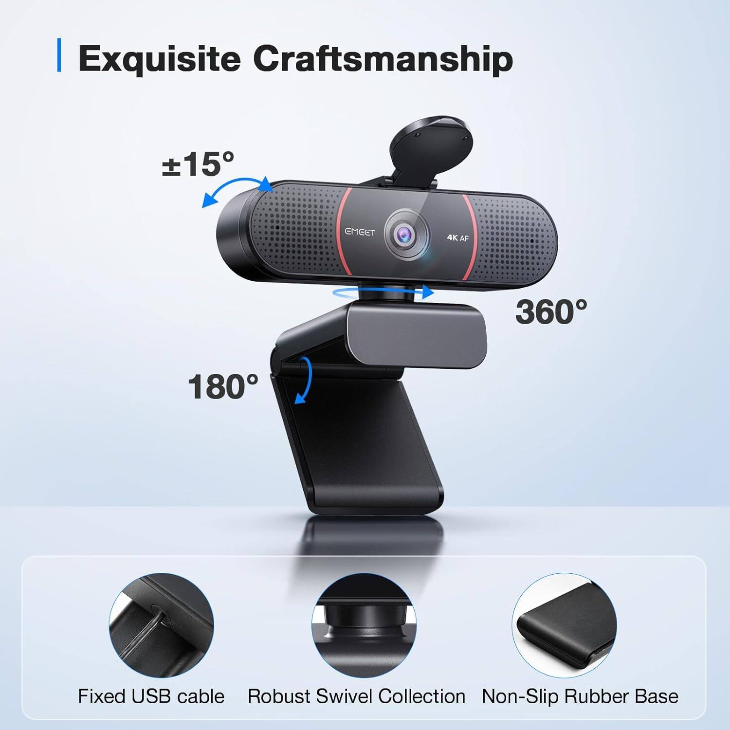 Exquisite Craftsmanship, 15°, 360°, 180°, Fixed USB cable, Robust Swivel Collection, Non-Slip Rubber Base