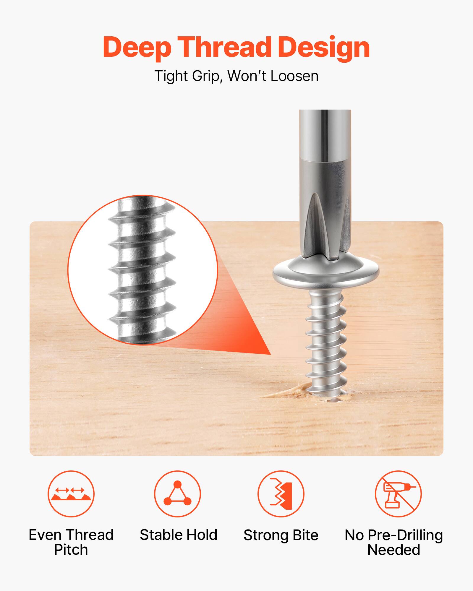 Deep Thread Design  
Tight Grip, Won't Loosen  

- Even Thread Pitch  
- Stable Hold  
- Strong Bite  
- No Pre-Drilling Needed