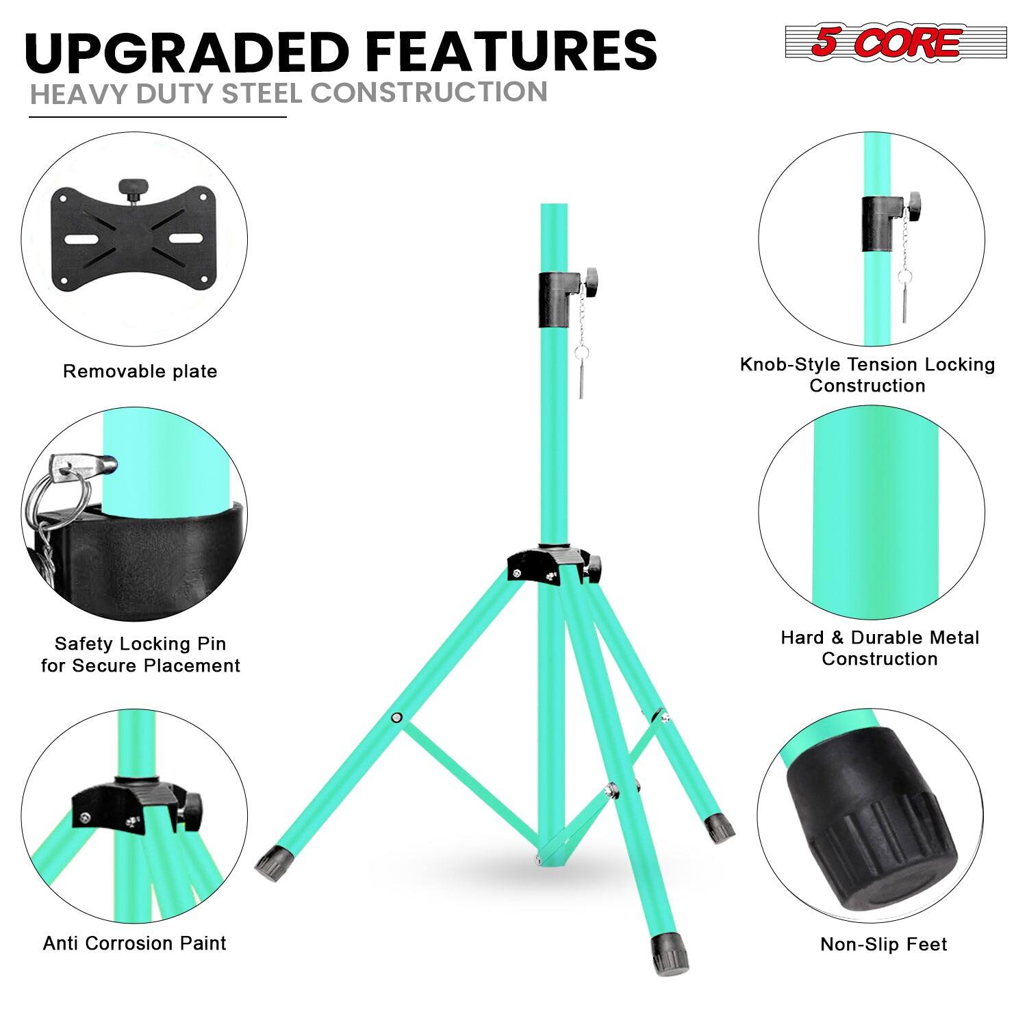 UPGRADED FEATURES  
HEAVY DUTY STEEL CONSTRUCTION  

- Removable plate  
- Safety Locking Pin for Secure Placement  
- Anti Corrosion Paint  
- Knob-Style Tension Locking Construction  
- Hard & Durable Metal Construction  
- Non-Slip Feet  

5 CORE