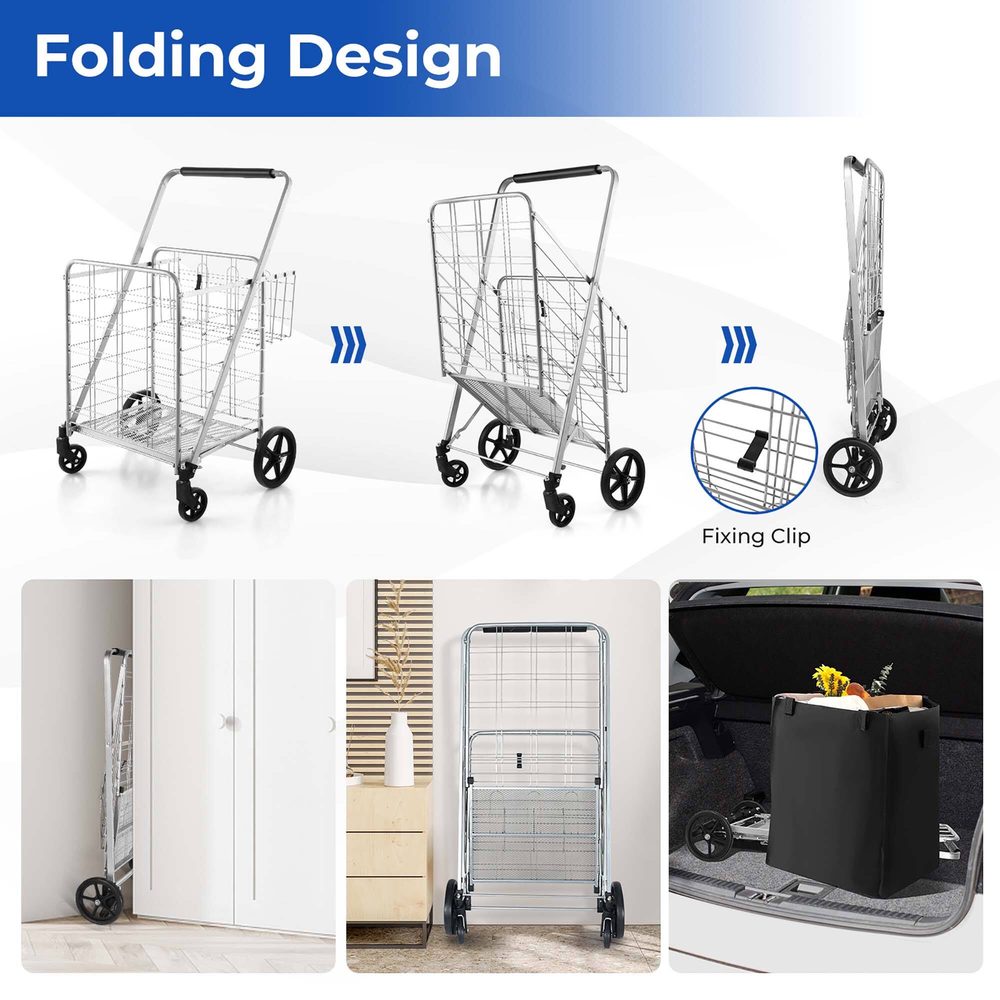 Folding Design:

1. A folding shopping cart with a white basket.
2. A folding shopping cart with a black basket.
3. A folding shopping cart with a white basket.

Fixing Clip:

1. A folding shopping cart with a white basket.
2. A folding shopping cart with a black basket.
3. A folding shopping cart with a white basket.