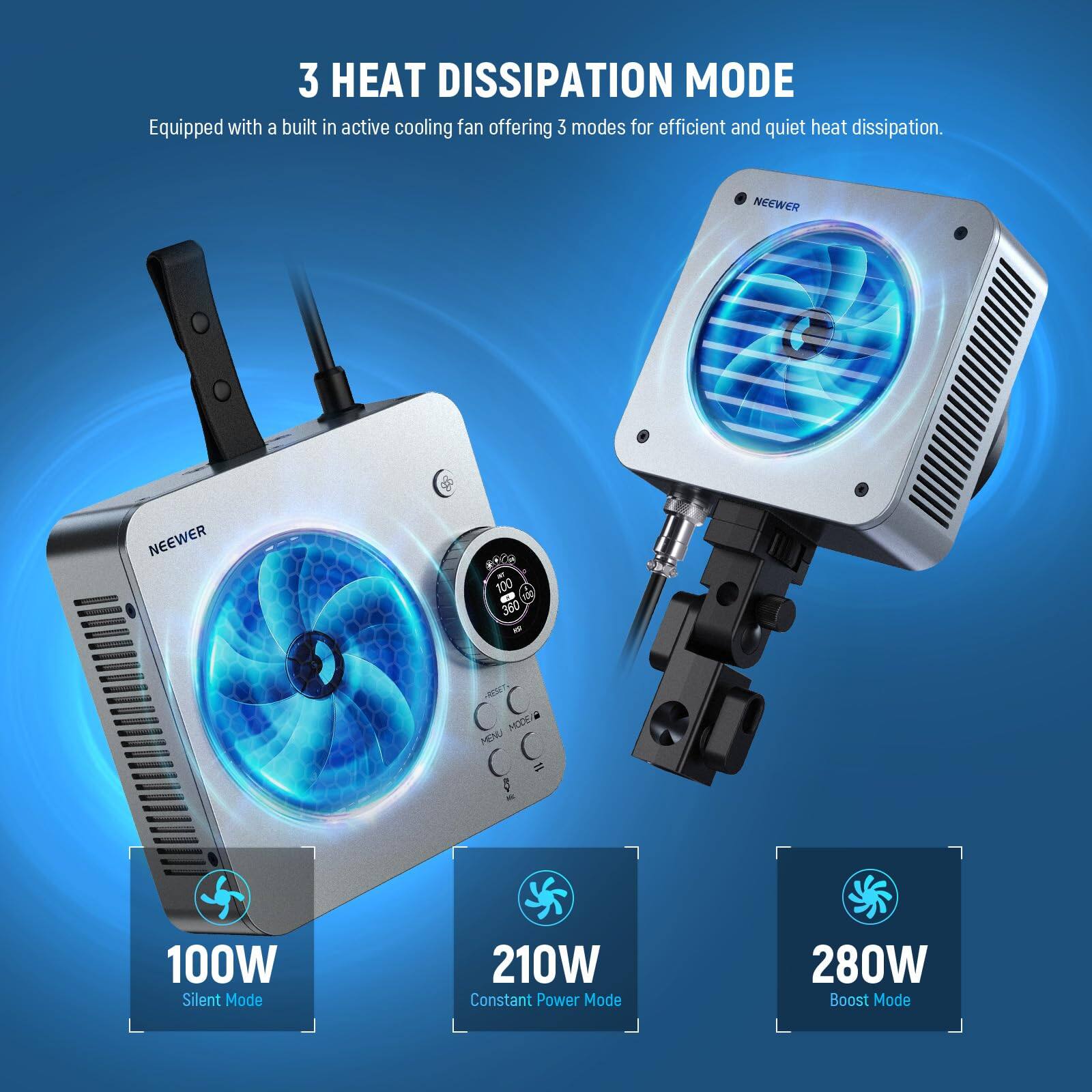 3 HEAT DISSIPATION MODE  
Equipped with a built-in active cooling fan offering 3 modes for efficient and quiet heat dissipation.  

NEEWER ROR 100 - 8 360 CC HODE - MENU C C 2  

100W Silent Mode  
210W Constant Power Mode  
280W Boost Mode