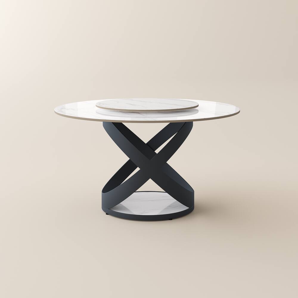 Alt View 9. POVISON - 51" Modern Glossy Dining Table for 4 with Lazy Susan, White Round Sintered Stone Tabletop, Black X Carbon Steel Base - White Glossy Sintered Stone with Black.