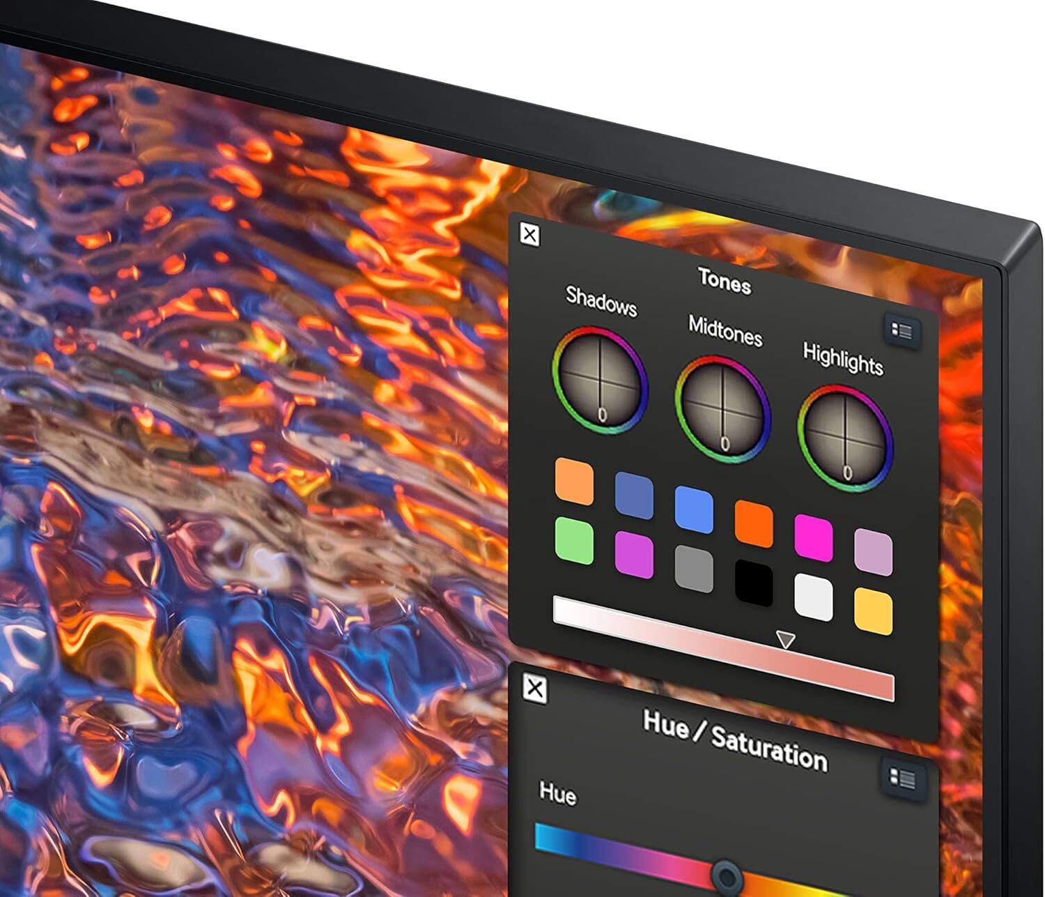 The text on the image reads: "Tones Shadows Midtones Highlights Hue Saturation."