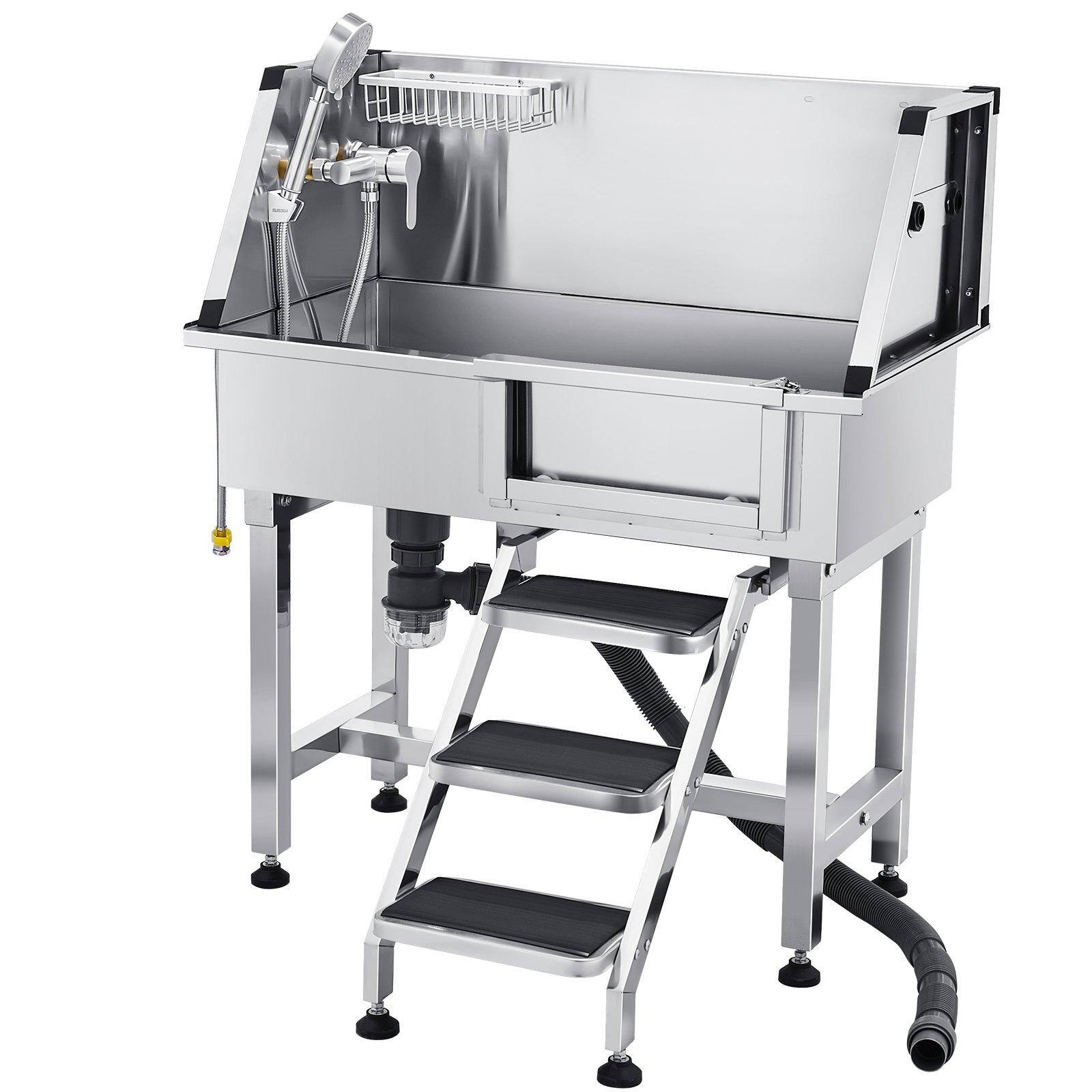 Glintex - 34" Stainless Steel Dog Grooming Bath Tub with Stairs, Faucet, and Showerhead, Non-Slip Leak-Proof Pet Washing Station