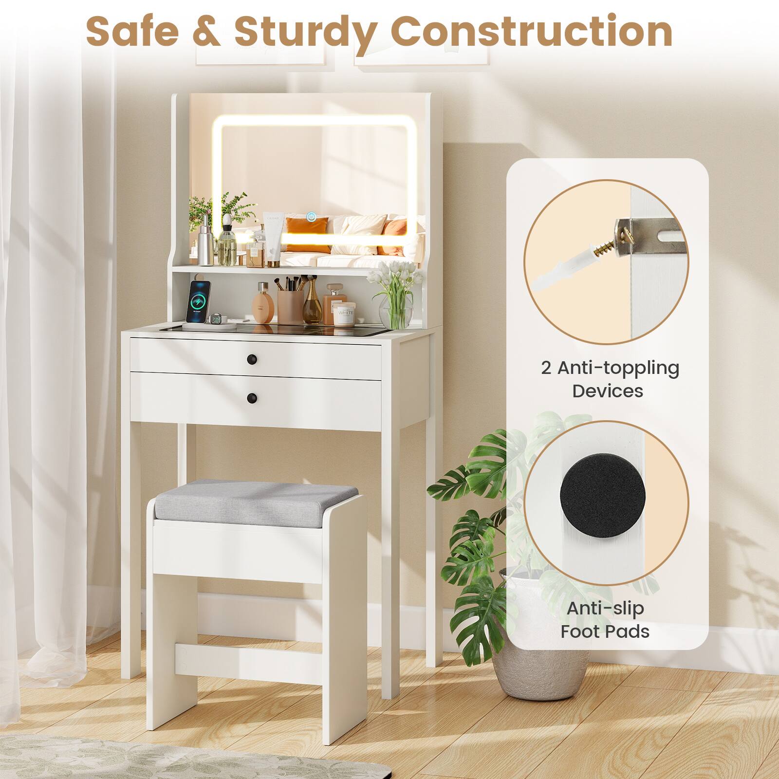 Gymax Small Vanity Desk w/Mirror Lights Charging Station Glass Top