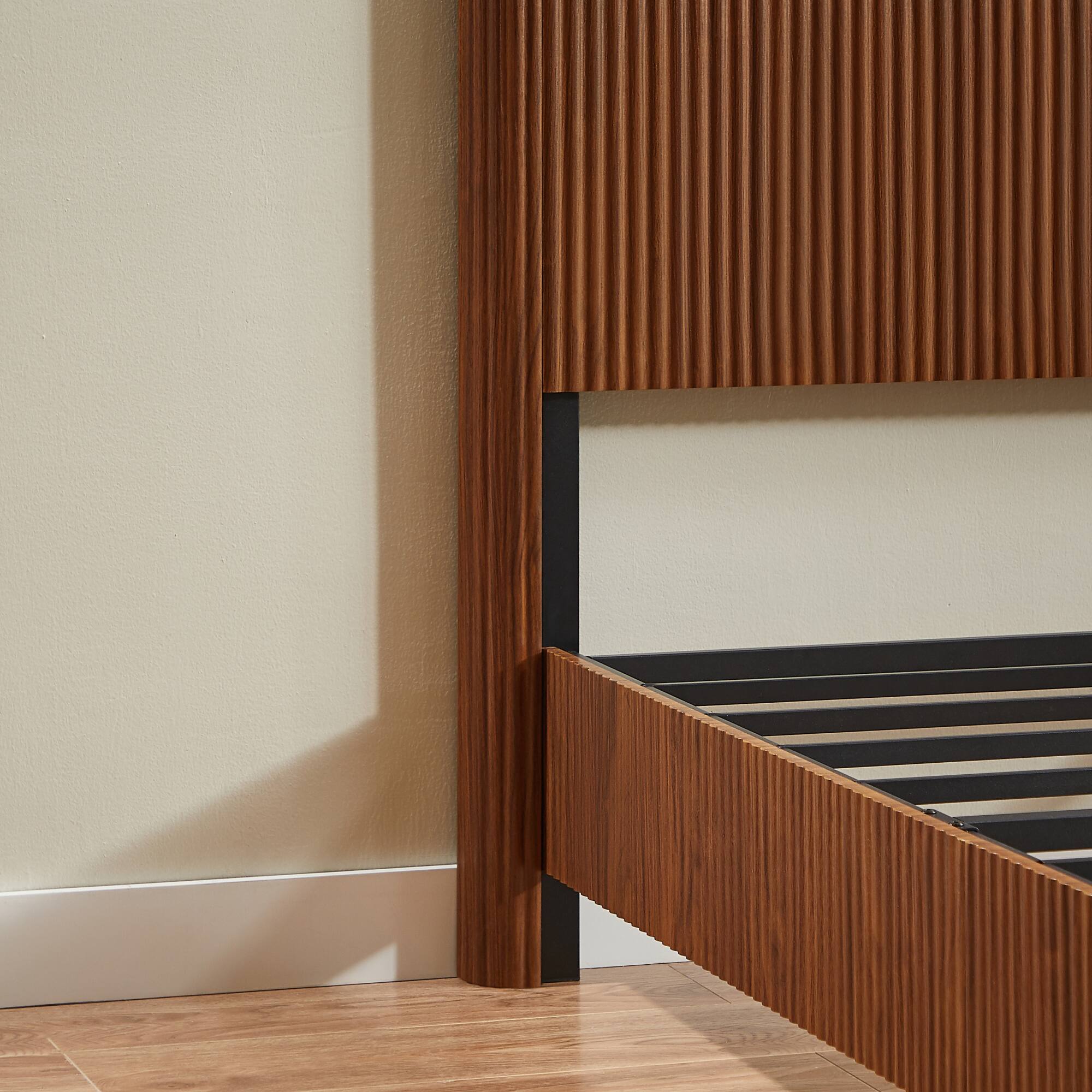 Alt View 8. GOODSILO - Queen Size Curved Wood Accent Platform Bed Frame with Rustic Corrugated Design and Heavy Duty Metal Support - Walnut.