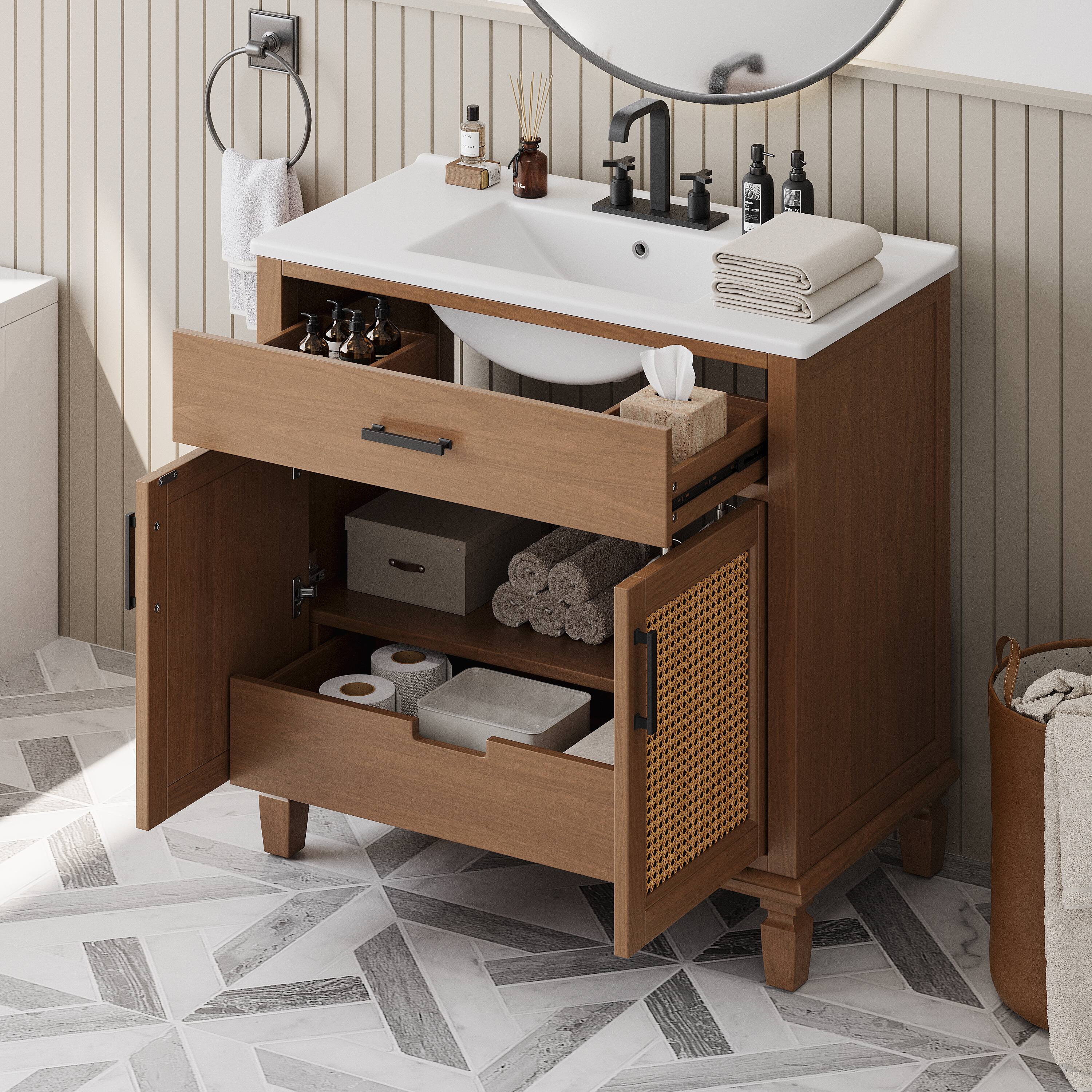 Left. Loheer - 3 ft Rattan Bathroom Vanity with Ceramic Sink, Soft-Close Storage Cabinet for Modern Bathrooms - Brown.