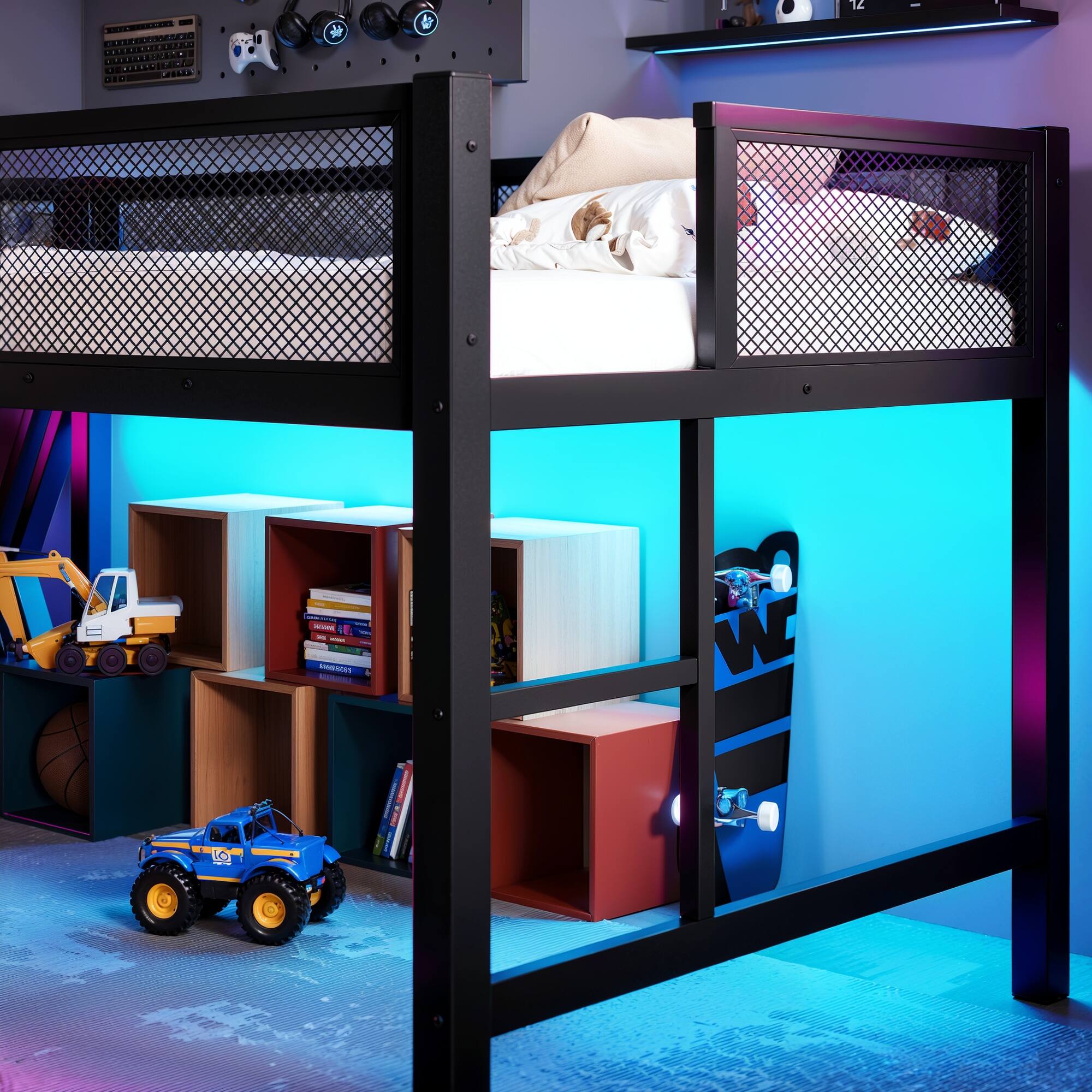 Alt View 3. Boyel Living - Twin XL Size Gaming Loft Bed with Desk of X Shaped Leg LED Lights USB Ports Staircase - Black.