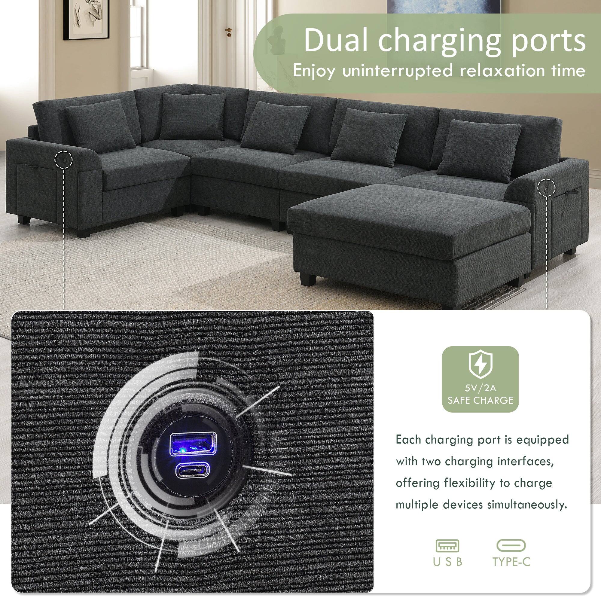 Dual charging ports  
Enjoy uninterrupted relaxation time  

5V/2A SAFE CHARGE  

Each charging port is equipped with two charging interfaces, offering flexibility to charge multiple devices simultaneously.  

USB  
TYPE-C