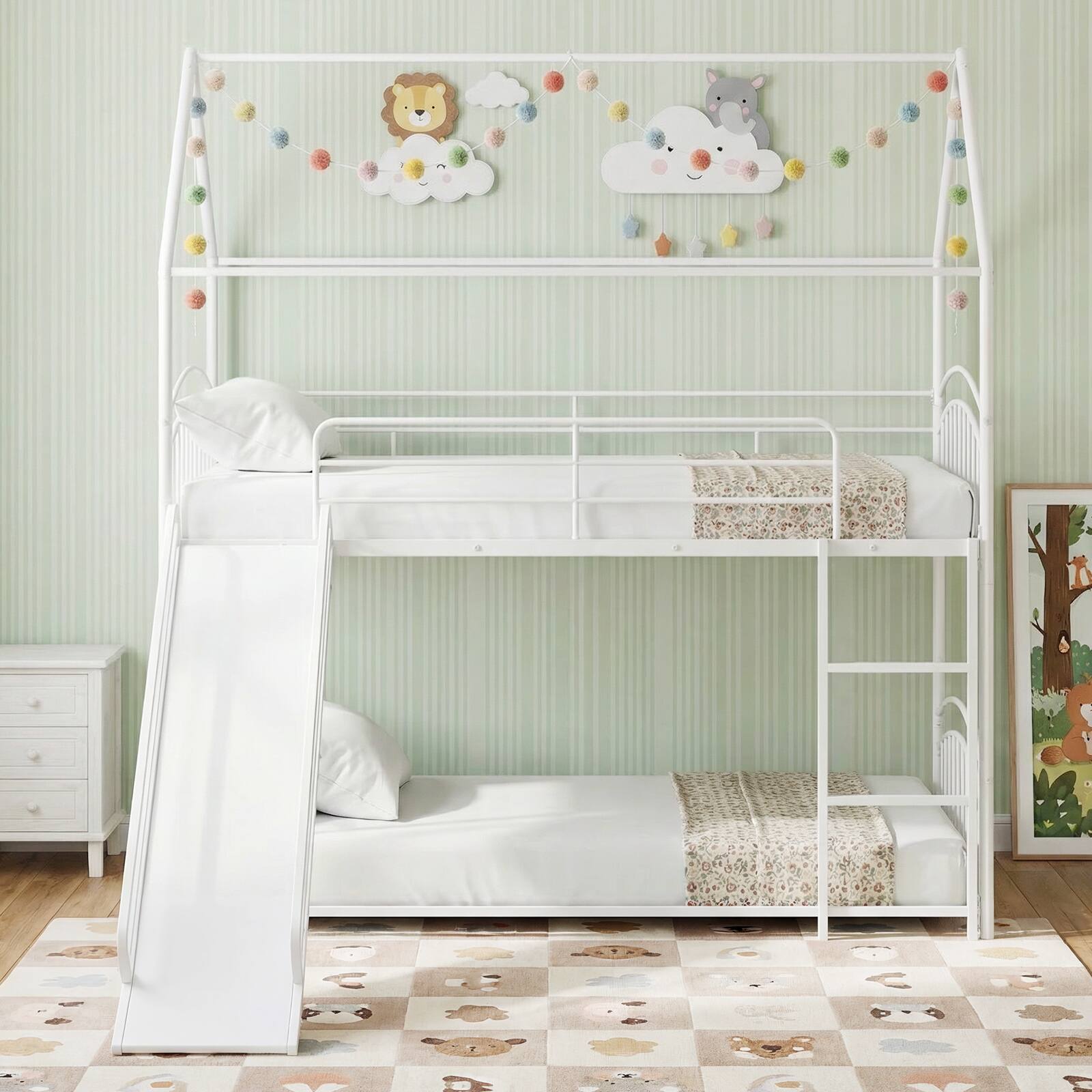 Alt View 1. Gymax - Gymax House Bunk Bed Frame w/ Metal Slats Reversible Ladder & Slide for Bedroom White - White.
