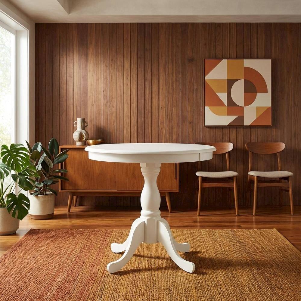 Alt View 3. FurniFact - Linen White Round Pedestal Table - Linen White.