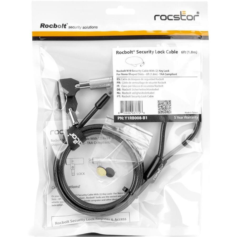 Rocbolt Security Solutions  
Rocstor  

Rocbolt® Security Lock Cable 6ft (1.8m)  
Rocbolt N19 Security Cable With (2) Key Lock For Nano-Shaped Slots - 6ft (1.8m) - TAA Compliant  

ES: Cable de bloqueo de seguridad Rocbolt  
FR: Cable de verrouillage de sécurité Rocbolt  
IT: Cavo per blocco di sicurezza Rocbolt  
DE: Rocbolt Sicherheitsschlosskabel  
NL: Rocbolt veiligheidsslotkabel  
PT: Rocbolt Security Lock Cable  

PN: Y1RB008-B1  
Made in Taiwan  
5 Year Warranty  

Rocbolt Security Lock Cable With (2) Key Lock For Nano-Shaped Slots - 6ft (1.8m) - TAA Compliant  

Rocbolt Security Lock Register & Access  

Rocbolt® Security Lock Cable 6ft (1.8m)  
Rocbolt N19 Security Cable With (2) Key Lock For Nano-Shaped Slots - 6ft (1.8m) - TAA Compliant  

ES: Cable de bloqueo de seguridad Rocbolt  
FR