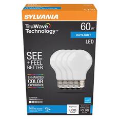 SYLVANIA
TruWave Technology™
60 W*
DAYLIGHT LED
SEE + FEEL BETTER
ENHANCED COLOR EXPERIENCE
SUPERIOR DIMMABILITY+++
4 A19 FROSTED BULBS
Replaces 60 W Bulbs
Indoor/Outdoor
LASTS 13+ YEARS*
Brightness
800 lumens
Estimated Energy Cost
$0.96 per year
ENERGY STAR