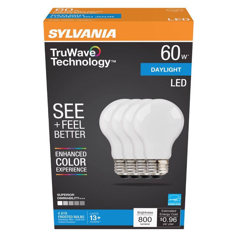 SYLVANIA
TruWave Technology™
60 W*
DAYLIGHT LED
SEE + FEEL BETTER
ENHANCED COLOR EXPERIENCE
SUPERIOR DIMMABILITY+++
4 A19 FROSTED BULBS
Replaces 60 W Bulbs
Indoor/Outdoor
LASTS 13+ YEARS*
Brightness
800 lumens
Estimated Energy Cost
$0.96 per year
ENERGY STAR