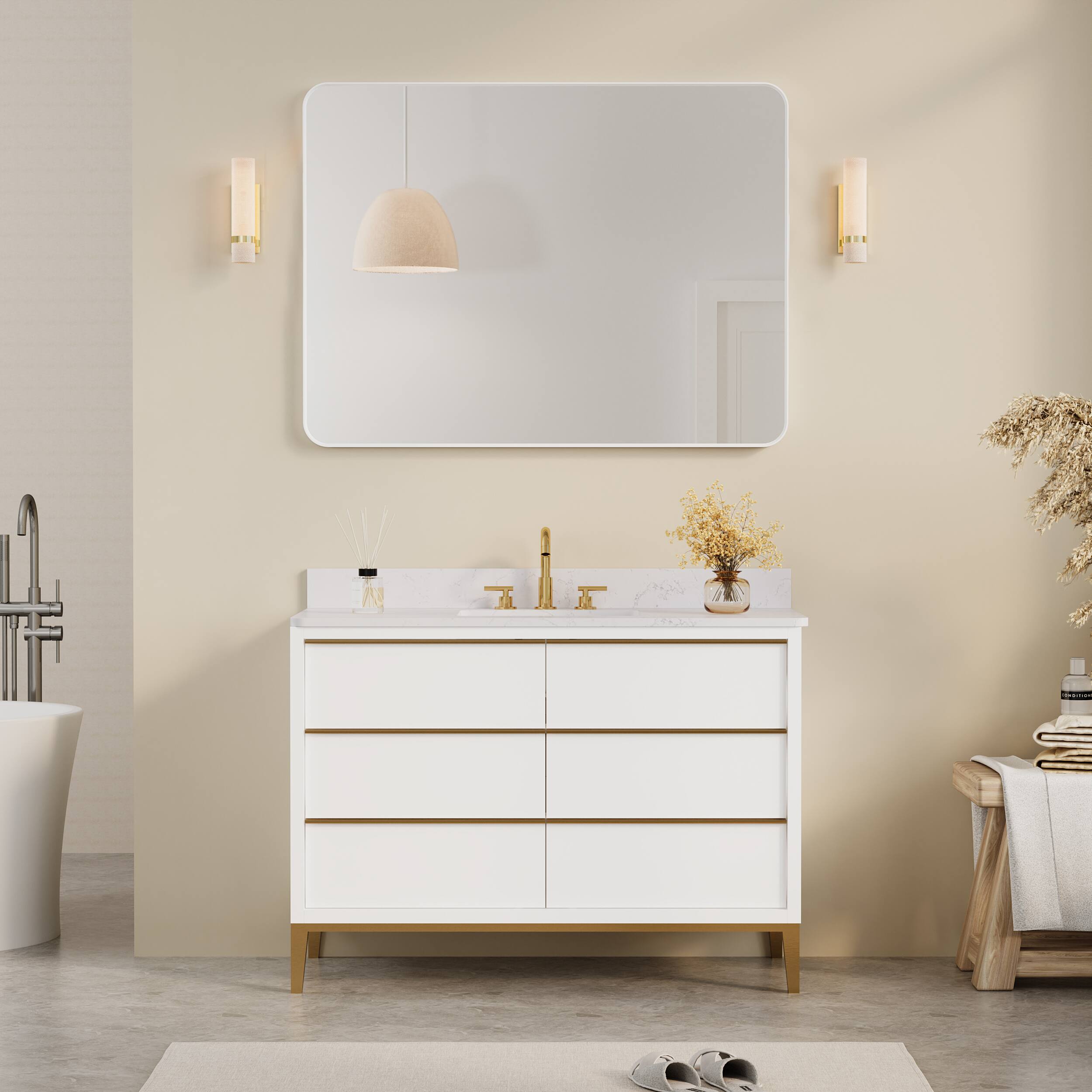Angle. WELLFOR - 48 in. W. x 36 in. H Rectangular Aluminum Framed Wall-Mounted Bathroom Vanity Mirror - White.