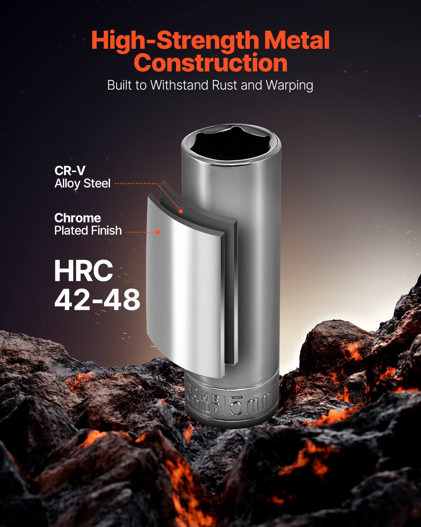 High-Strength Metal Construction  
Built to Withstand Rust and Warping  

CR-V Alloy Steel  
Chrome Plated Finish  
HRC 42-48