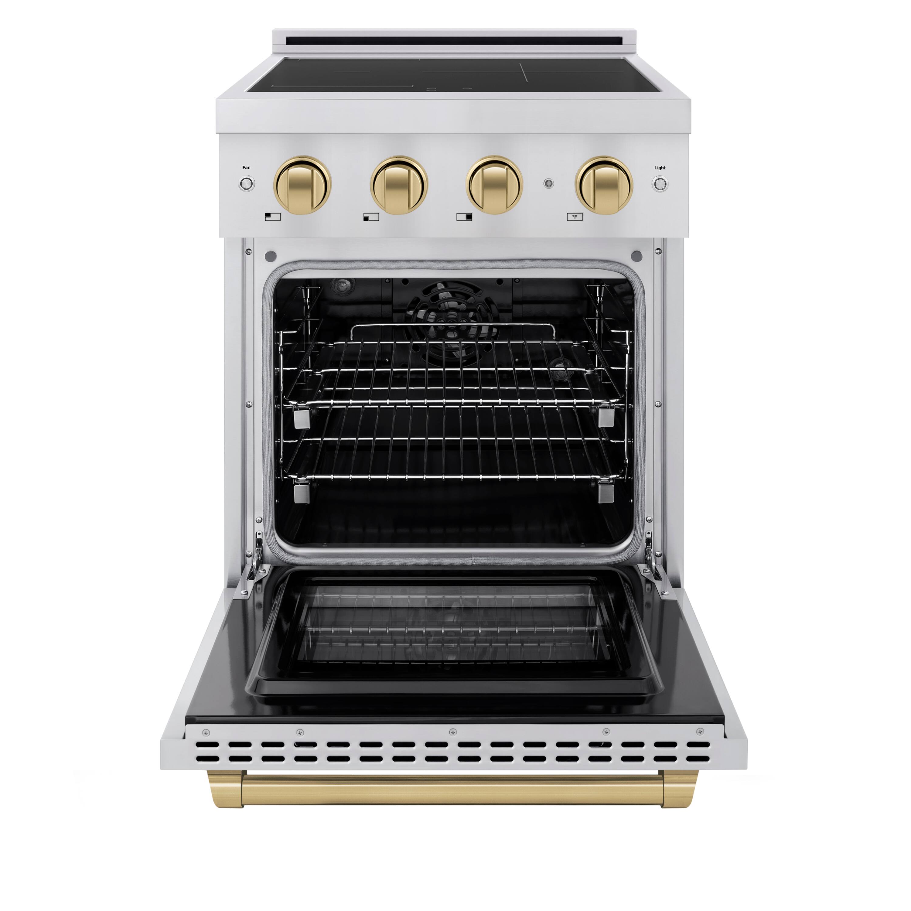 Angle. ZLINE - Autograph 24 in. 3.2 cu. ft. Paramount Freestanding Induction Range with 3 Burners and Electric Oven w/ Bronze Accents - Stainless Steel.