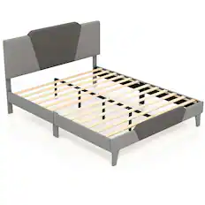 Front. Costway - Costway Queen Size Upholstered Platform Bed Frame Velvet Headboard Mattress Foundation - Gray.